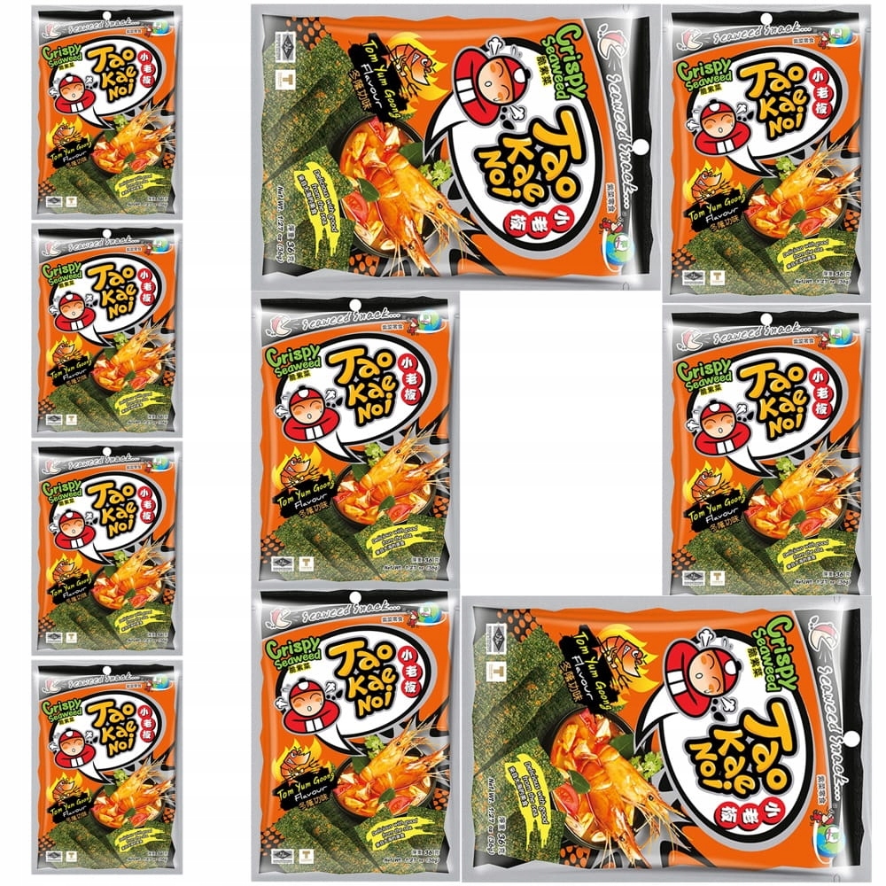 10 x Křupavé snacky z řas Nori Příchuť Tom Yum Ostré 32g Taokaenoi