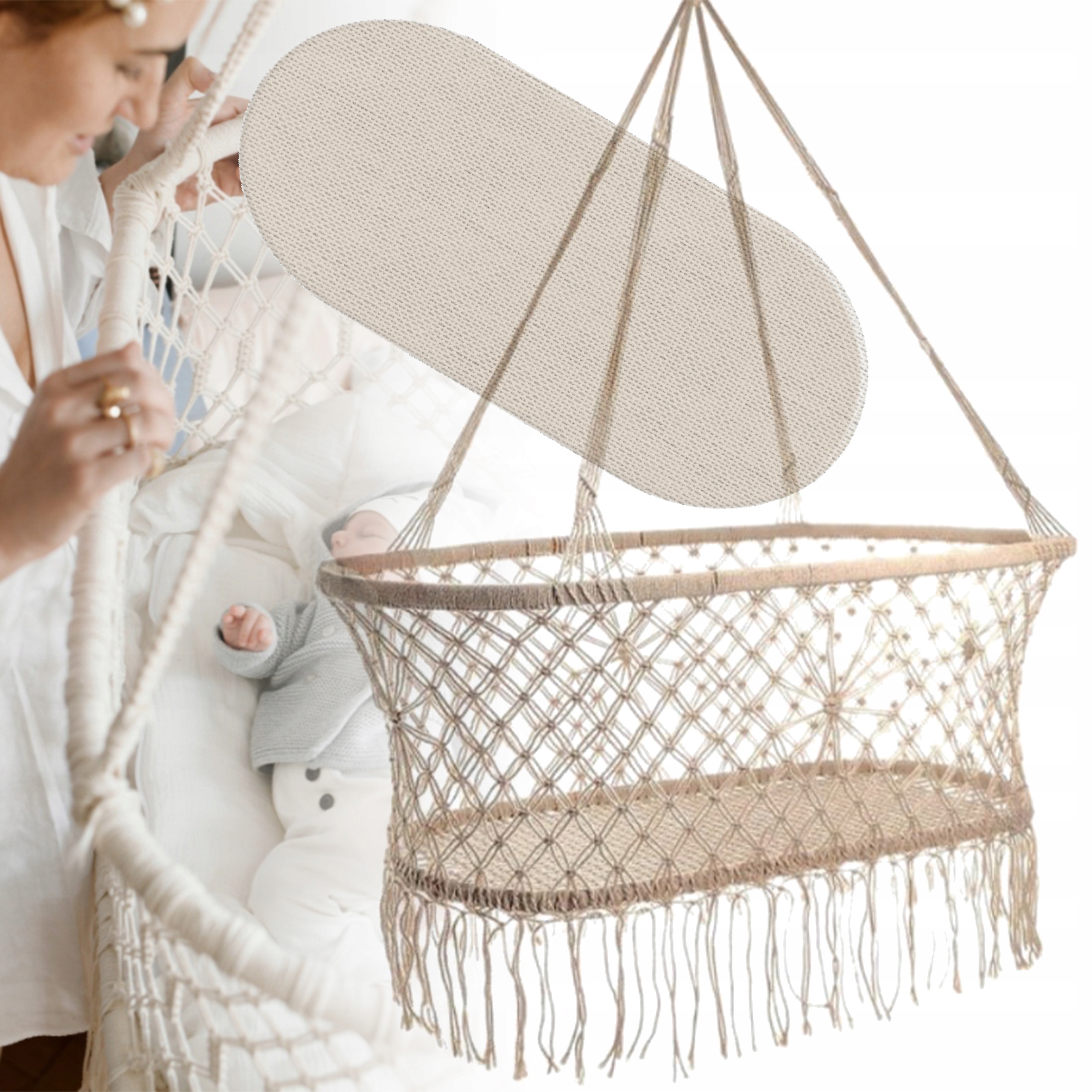 KOŁYSKA WISZĄCA ŁÓŻECZKO BOHO Z PODUSZKĄ MATERACEM KOSZ MAKRAMA GONDOLA