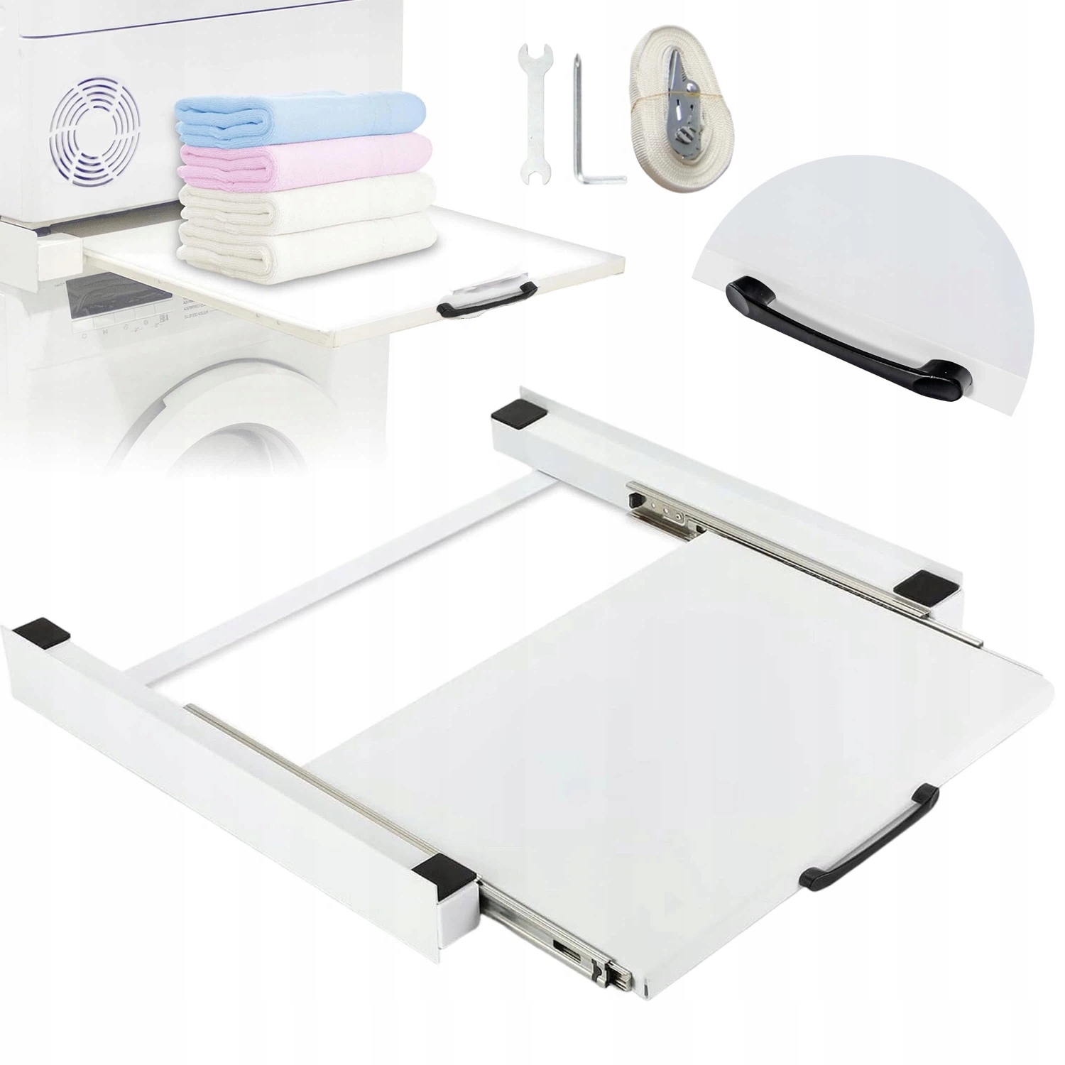 Pod Suszarkę Stojak Pralkę 54x60CM Wysuwana Półka 10KG Linka Bungee Biały