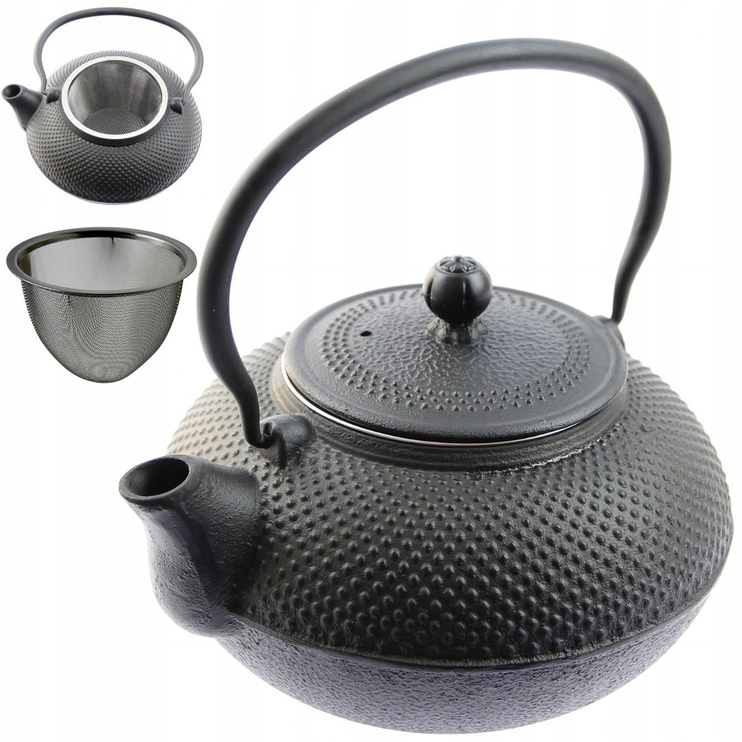 Litinový Čajník S Konvičkou, Černý, 1.5 L, Spařovací Jednotka Se Sítkem Na Čaj A Bylinky
