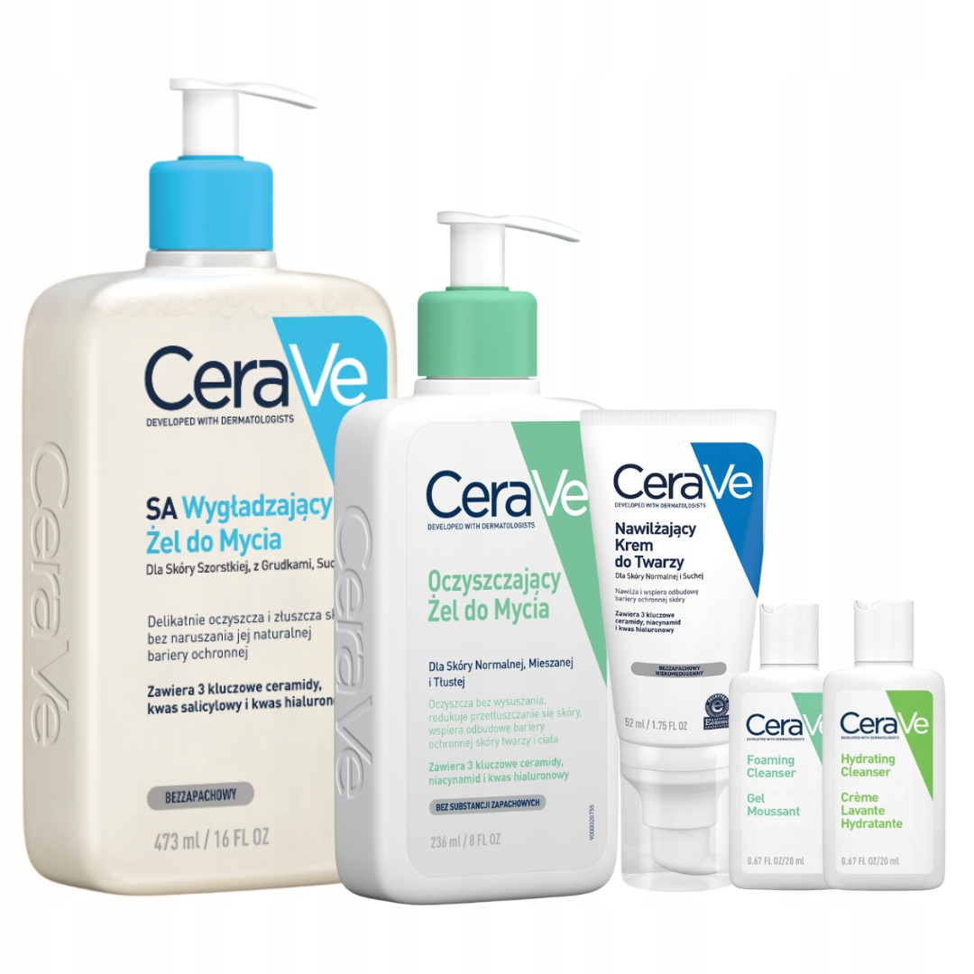 CeraVe Oczyszczający żel, Nawilżający krem do twarzy, Wygładzający żel