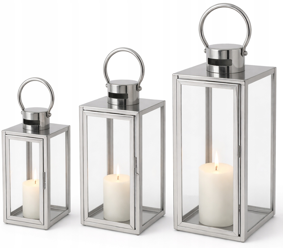 XXL lucerny 3ks stříbrné 63/49/38 cm nerezová ocel lampiony na hřbitov