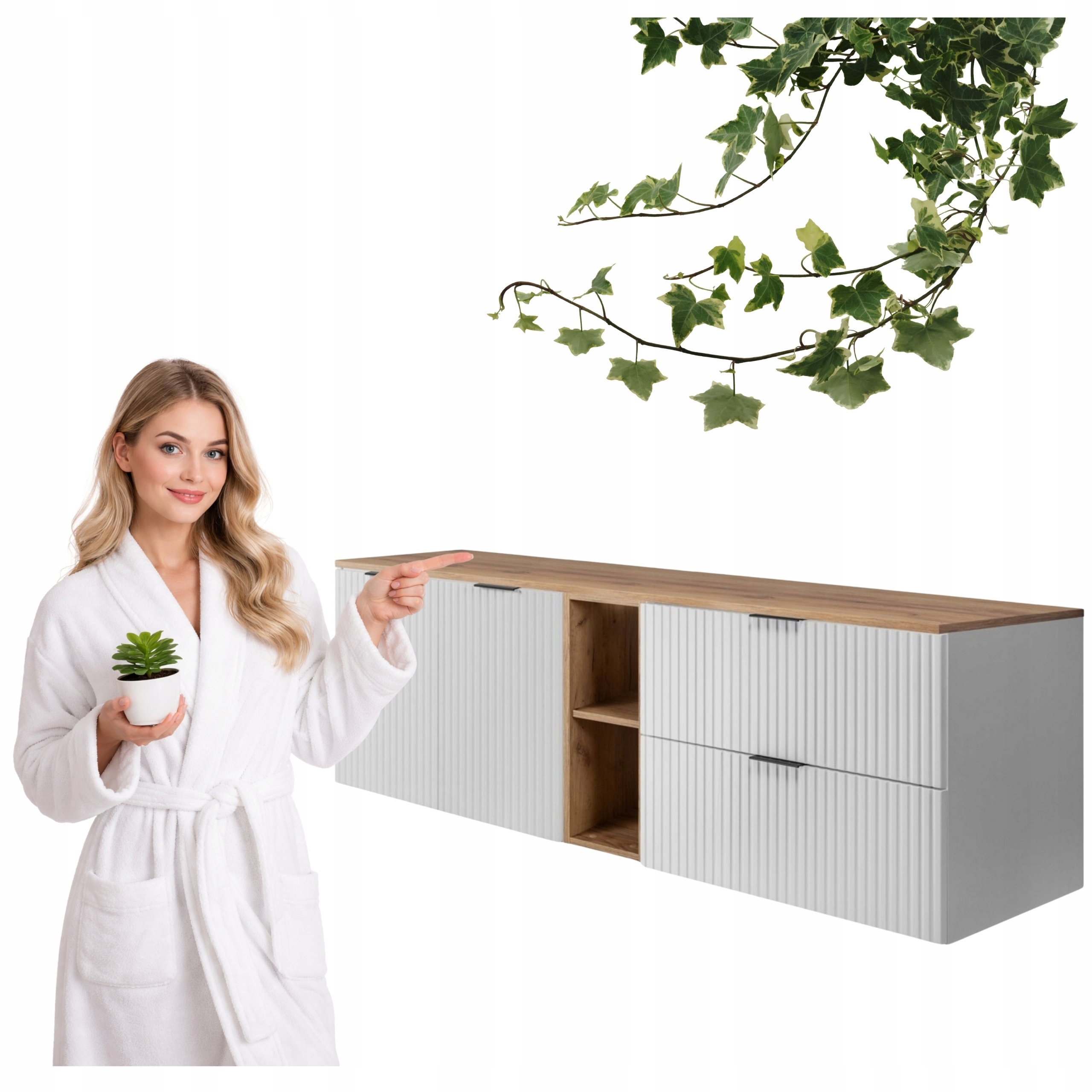 Szafka Łazienkowa Wisząca Dwudrzwiowa Biała Blat Regał Dąb 160x46 Flisan