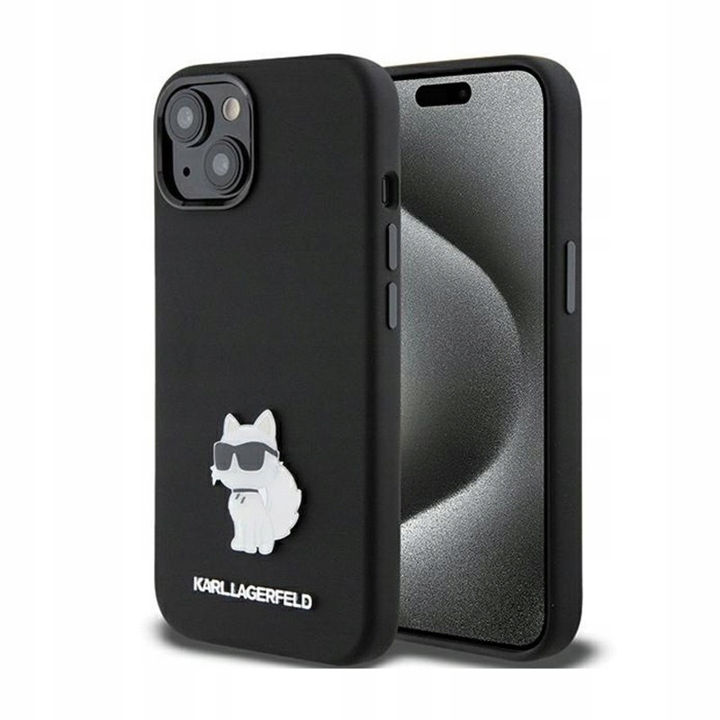 Karl Lagerfeld Silicone Choupette Metal Pin Pouzdro pro iPhone 15 Plus (černé)