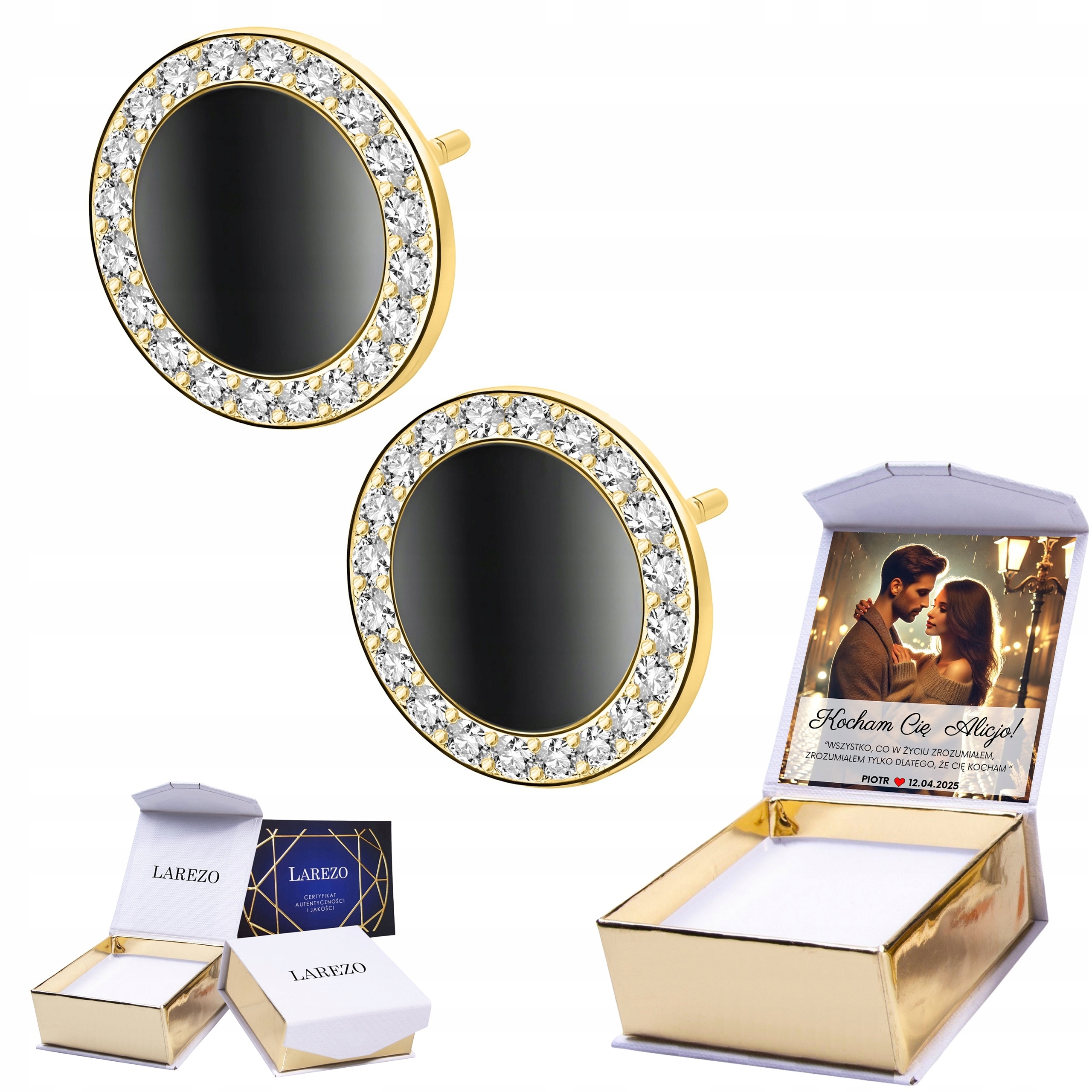 Zlaté Kruhové Náušnice Křišťály Velká kolečka Černá tyčinka Vlastní Potisk