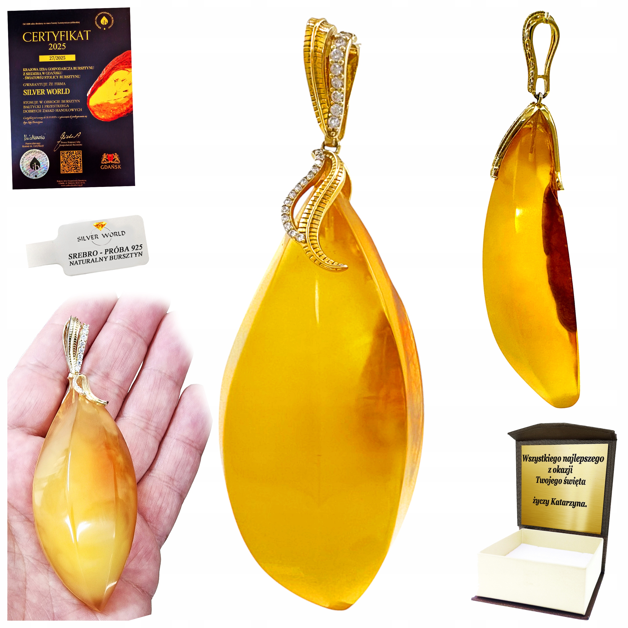 Přívěsek Stříbrný S Jantarem Velký Zlacený Zirkony Swarovski Gravírování WB42