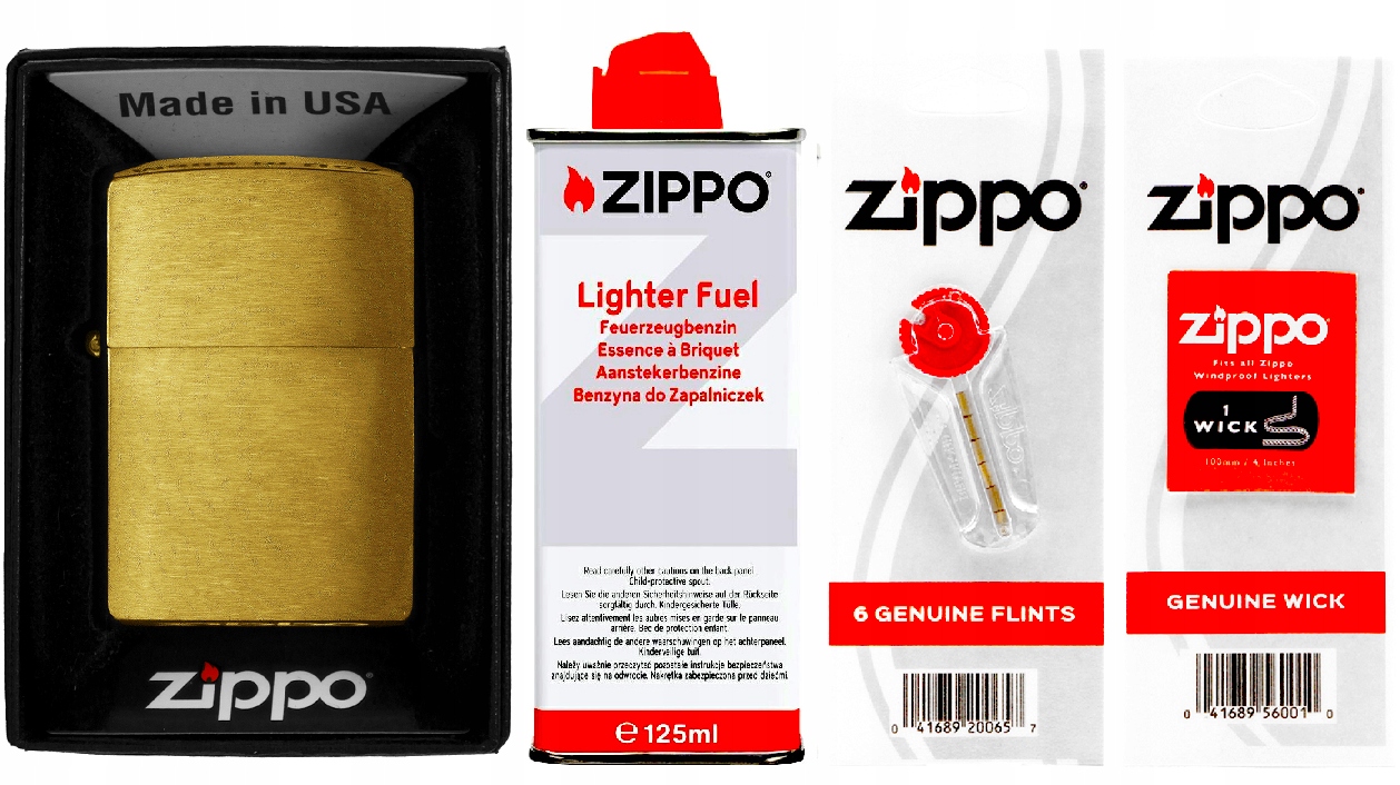 Sada Zippo Zapalovač Brass Brushed Benzín Kameny Knot Příslušenství