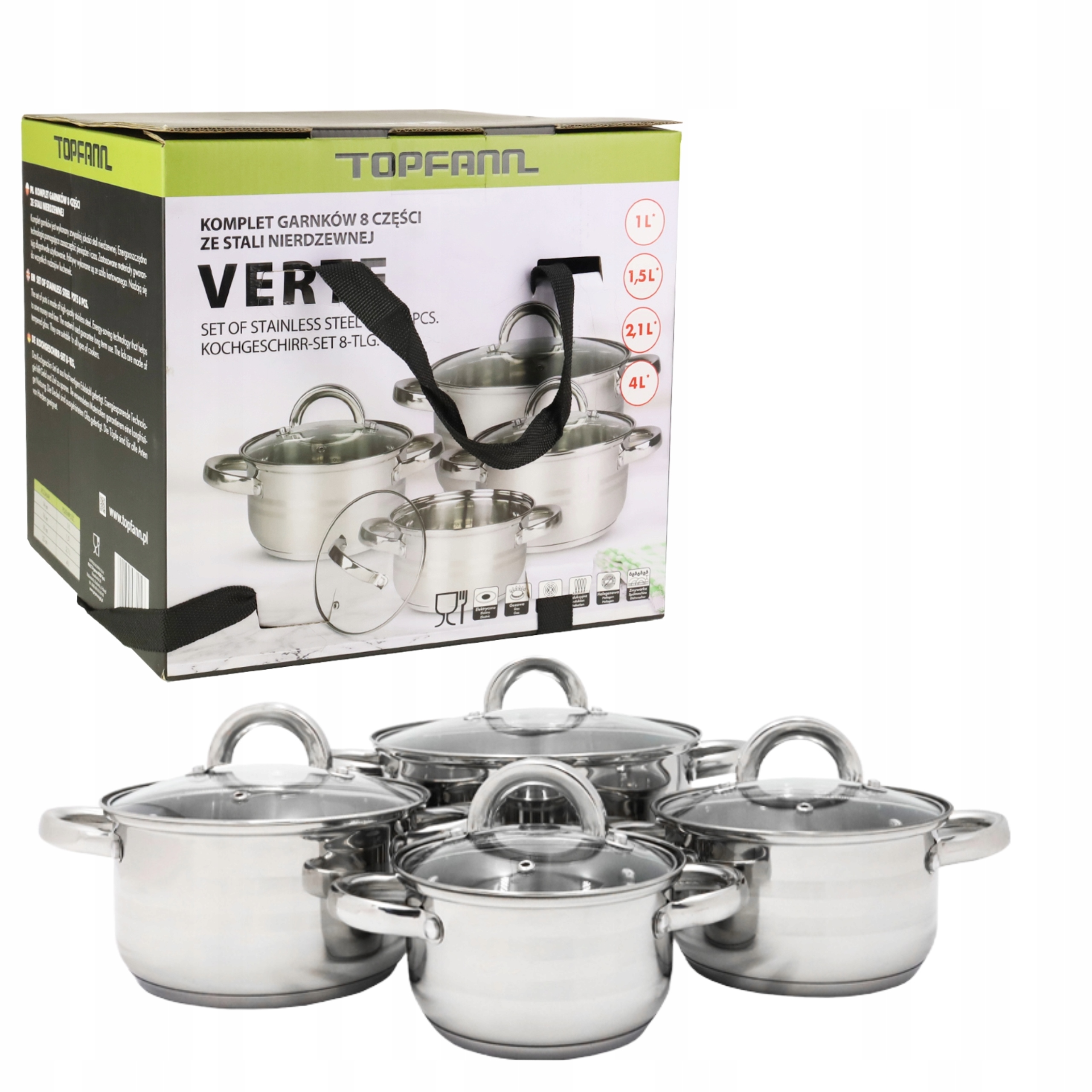 KOMPLET ZESTAW 4 GARNKÓW NIERDZEWNYCH 8-CZĘŚ STAL NIERDZEWNA Z POKRYWKAMI EAN (GTIN) 5902645031157