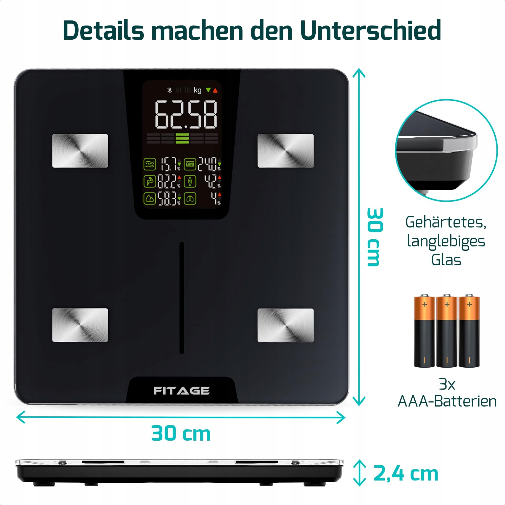FITAGE Waga Cyfrowa Osobista 225kg Analiza Ciała Aplikacja LED — miniatura 6