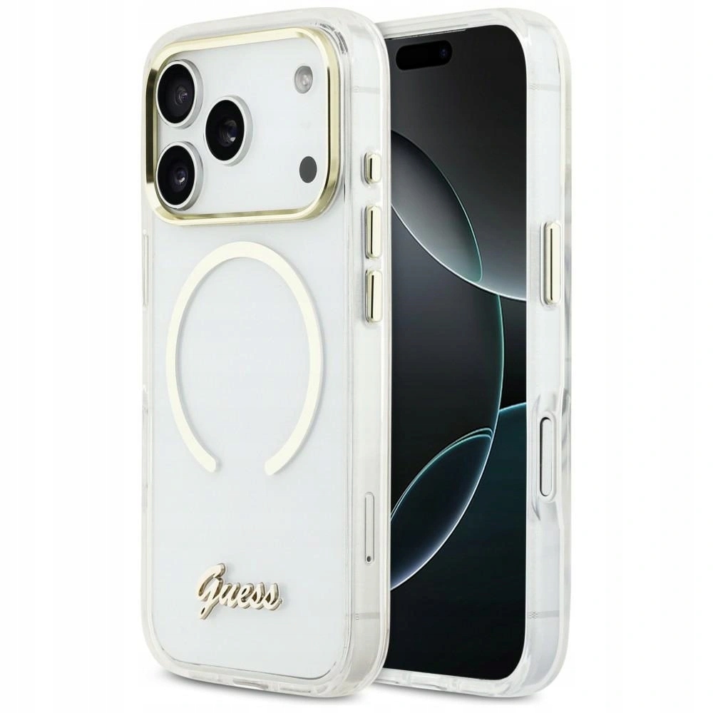 Pouzdro Guess IML Script Metal MagSafe pro Apple iPhone 17 Pro Max, průhledné