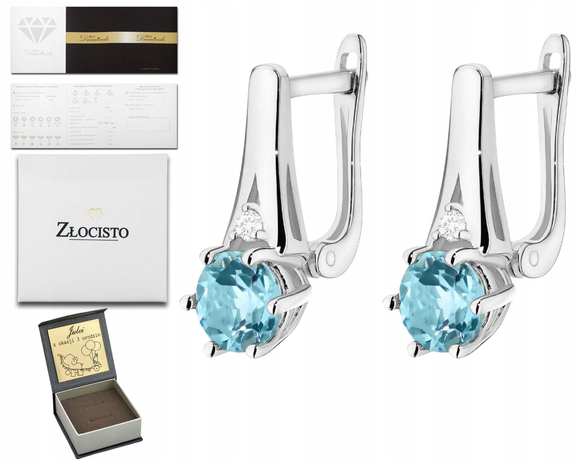 Bílé Zlato Náušnice Přírodní Kámen Topaz A Diamanty Zlato 585 14K