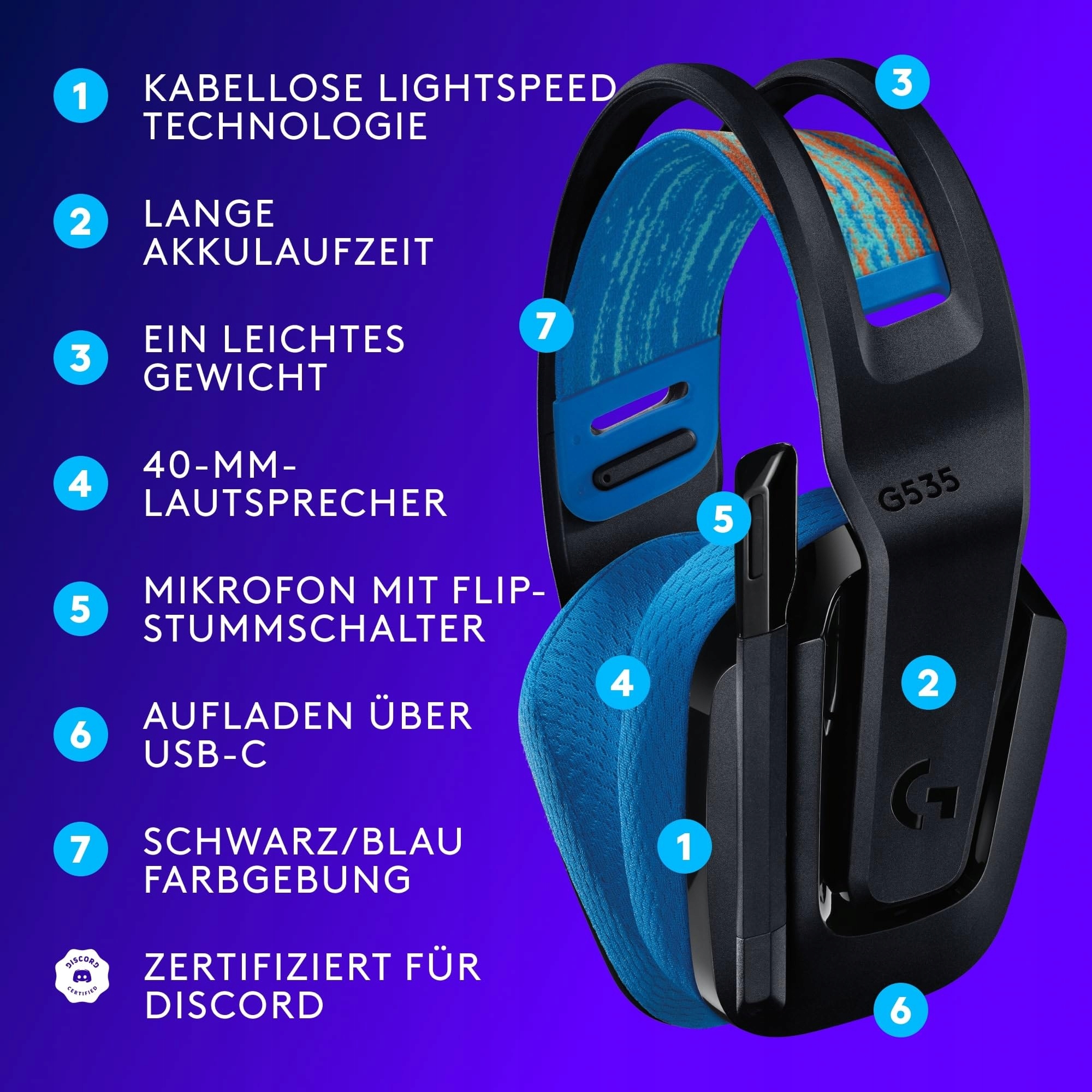 LOGITECH G G535 Bezprzewodowe Słuchawki Gamingowe USB-C — miniatura 6