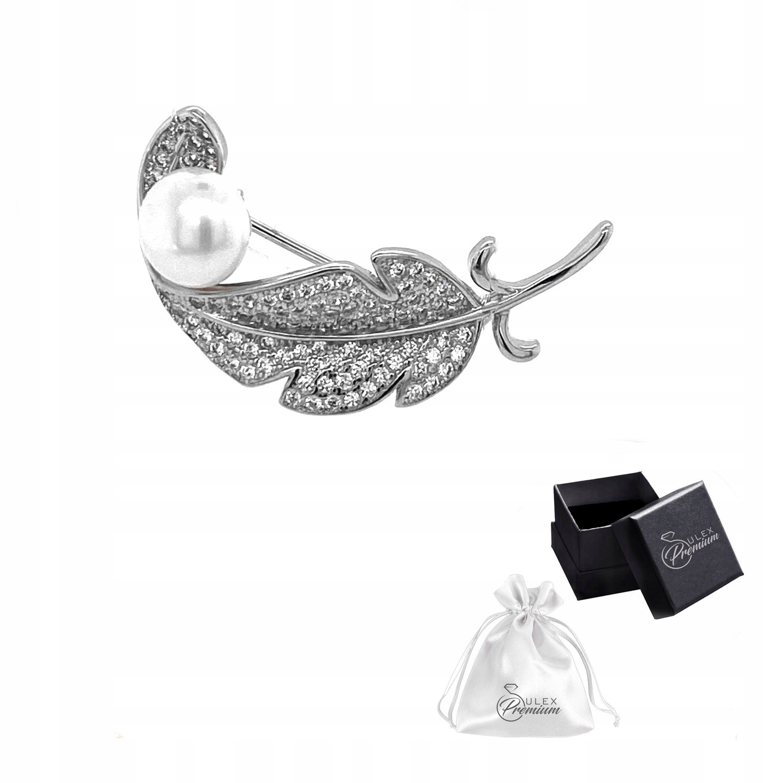 Brož stříbro ryzost 925 Elegantní rhodiovaná brož List s perlou a Zirkony