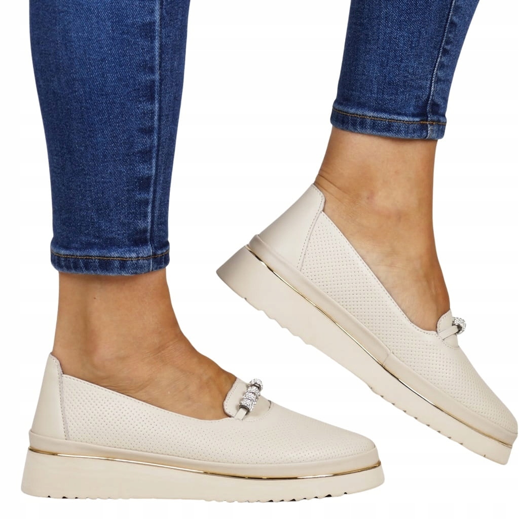 Dámské Polobotky Z Kůže Se Zirkony, Béžové, Elegantní, Pohodlné