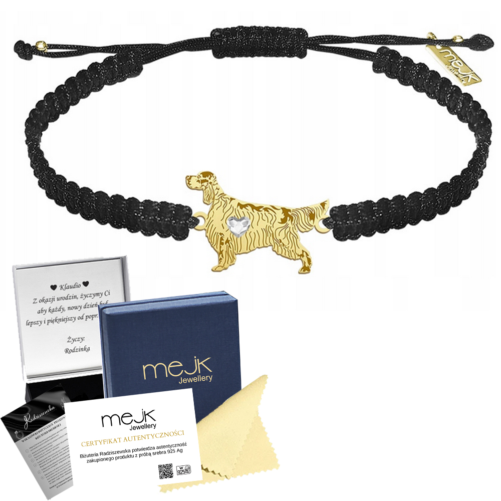 Zlatý náramek se psem plemene Seter Anglický Makramé 925 Dárek Gravírování