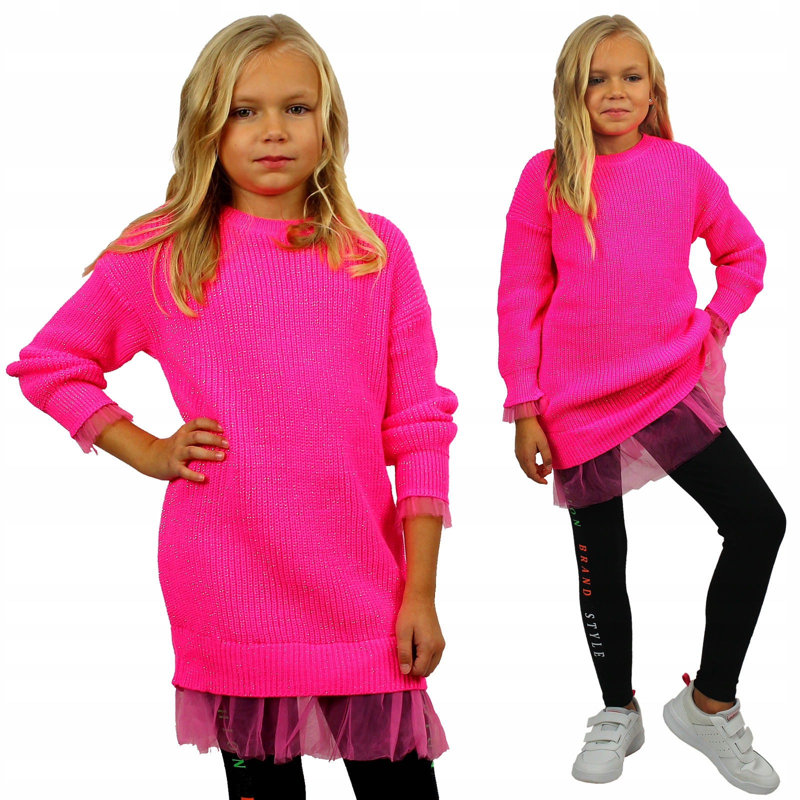 

Sweterek Neonowa Tunika Tiul Złota Nitka Róż 122