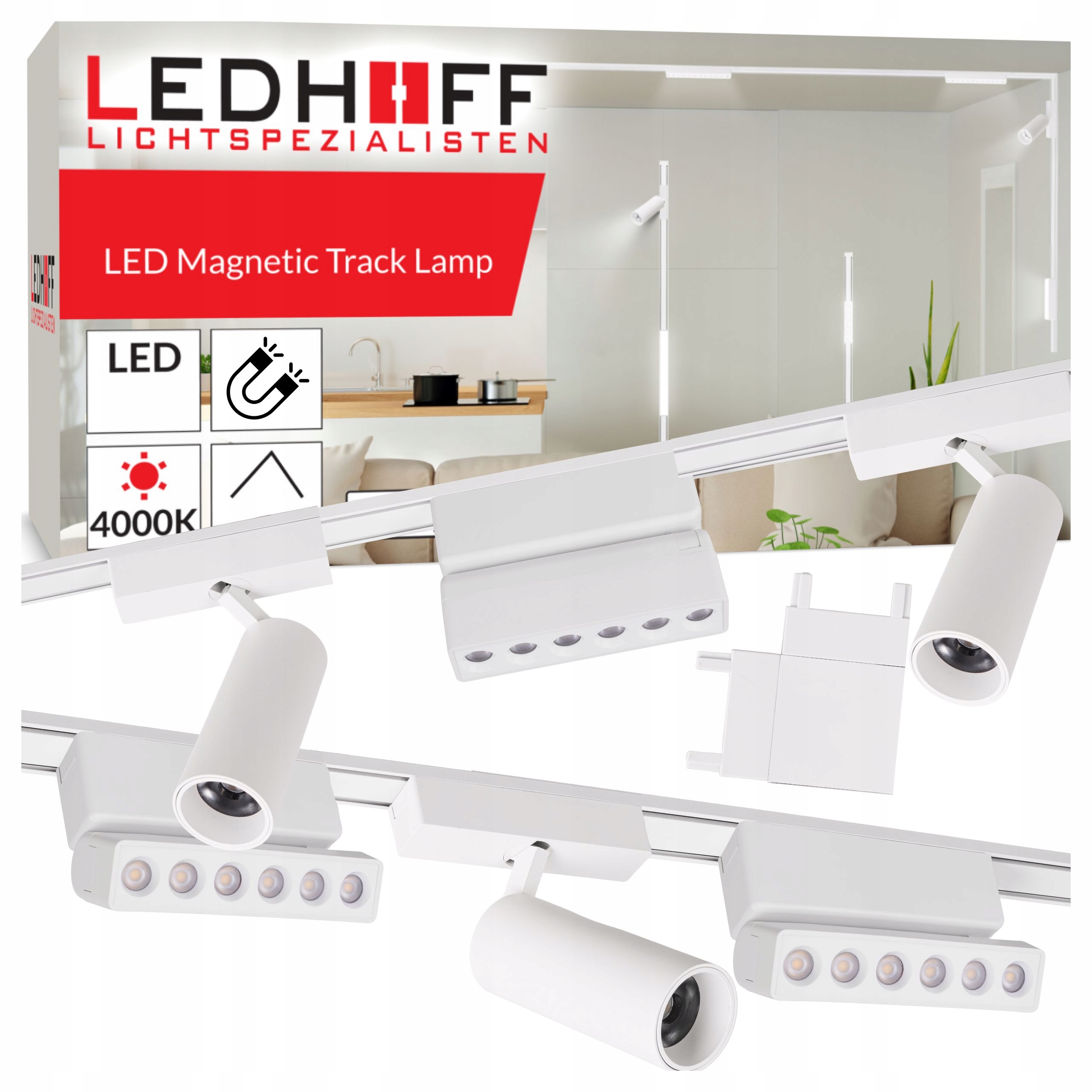 Magnetické Led koľajnicové osvetlenie, lišta 2 m, 6 x lampa, reflektor, tuba, Biela