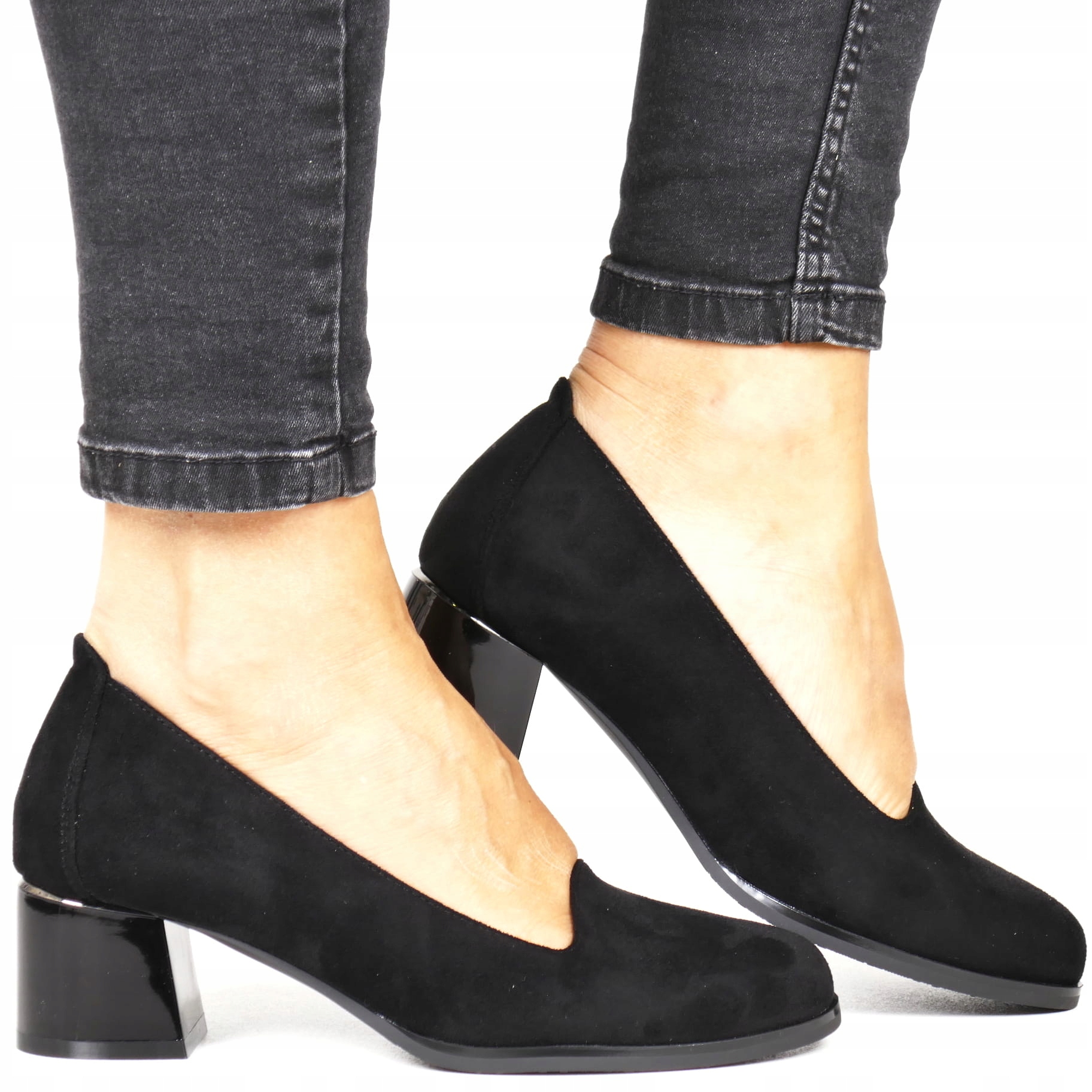 Černé Semišové Lodičky Polobotky Na Podpatku Pohodlné Pro Dámy Klasika 38
