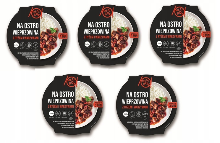 Levně 5 x 360 g Meal Box Ostré vepřové maso s rýží a zeleninou Karton