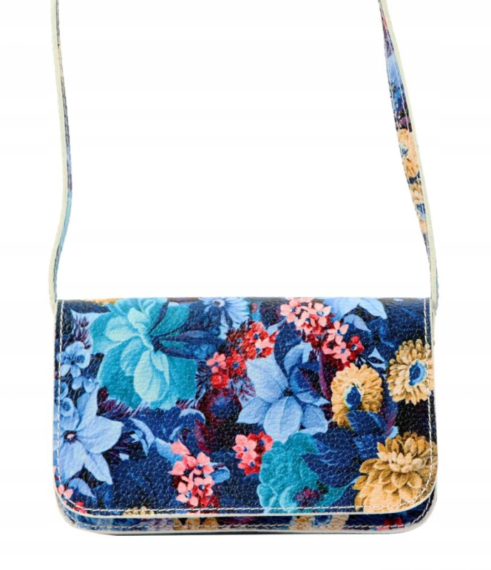 Modrá dámská kožená podlouhlá crossbody kabelka s květinovým motivem