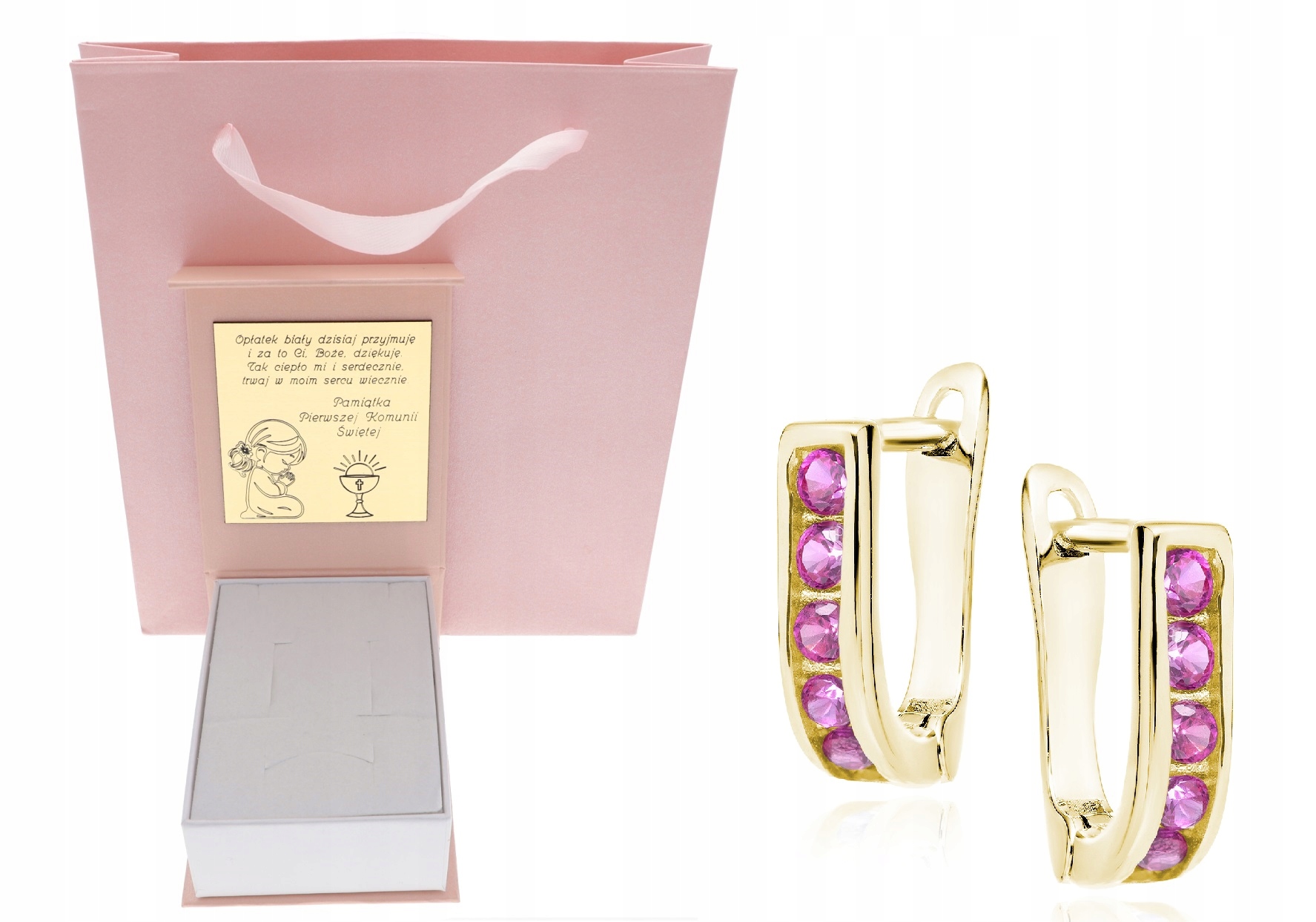 Zlaté dětské náušnice s rubínovou zirkon Svaté Přijímání Křest Gravírování Stříbro
