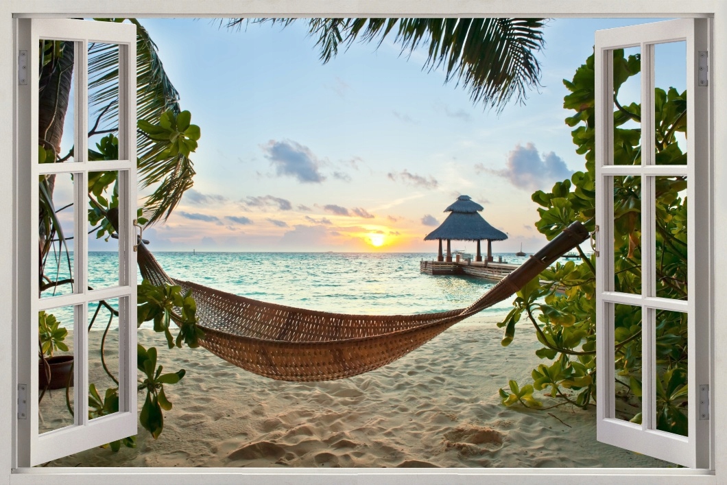 

Obraz widok przez okno hamak plaża ocean 70x50