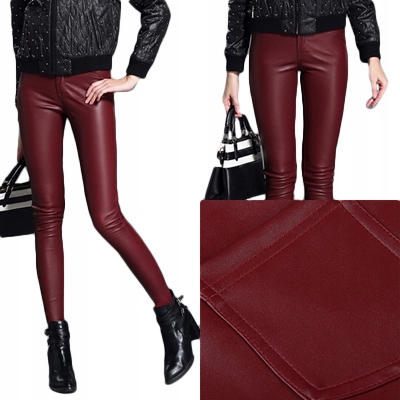 

Skórzane Bordowe Spodnie Eco Skóra Legginsy 42