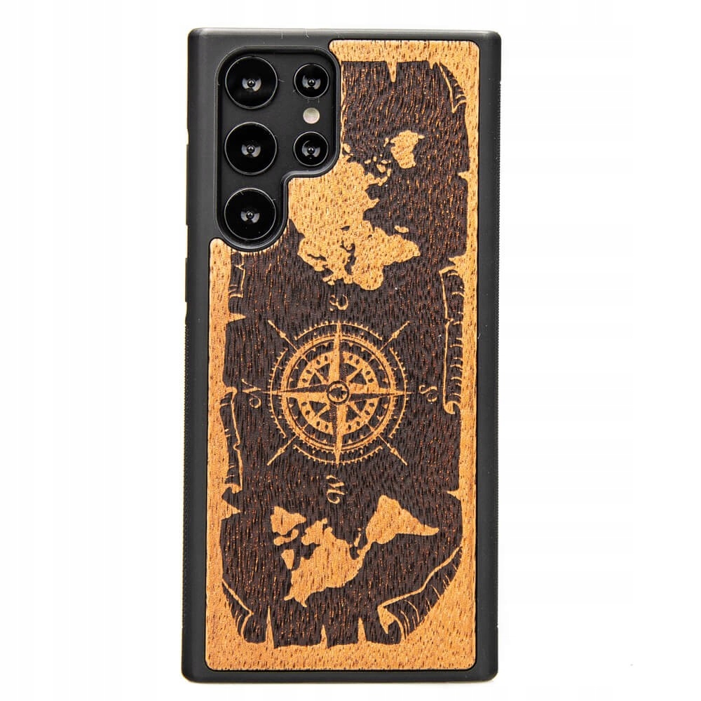 Dřevěné Pouzdro pro Samsung Galaxy S22 Ultra Růže Větrů Merbau