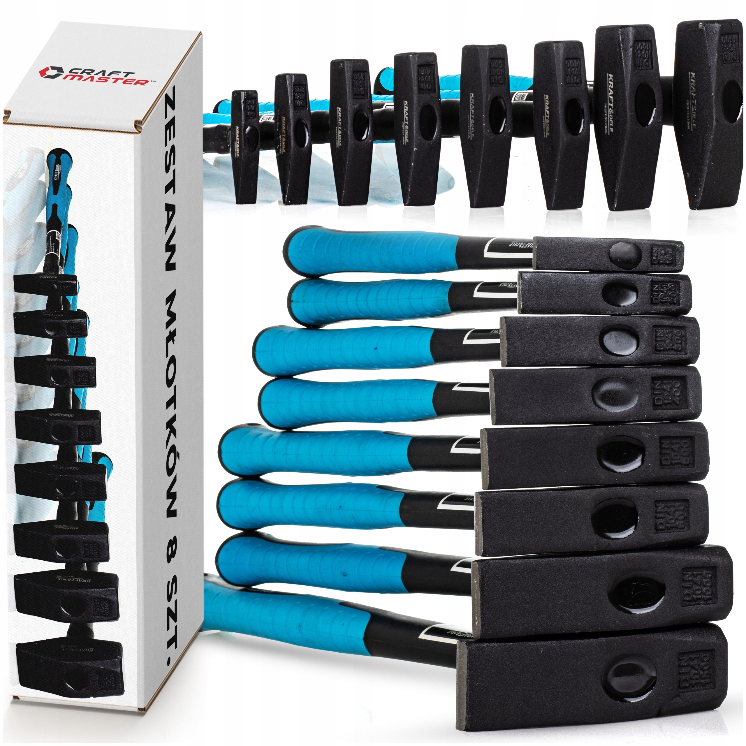 Młotek Ślusarski Zestaw Młotków komplet 8 szt 100-1500 g Rączka Fiberglass