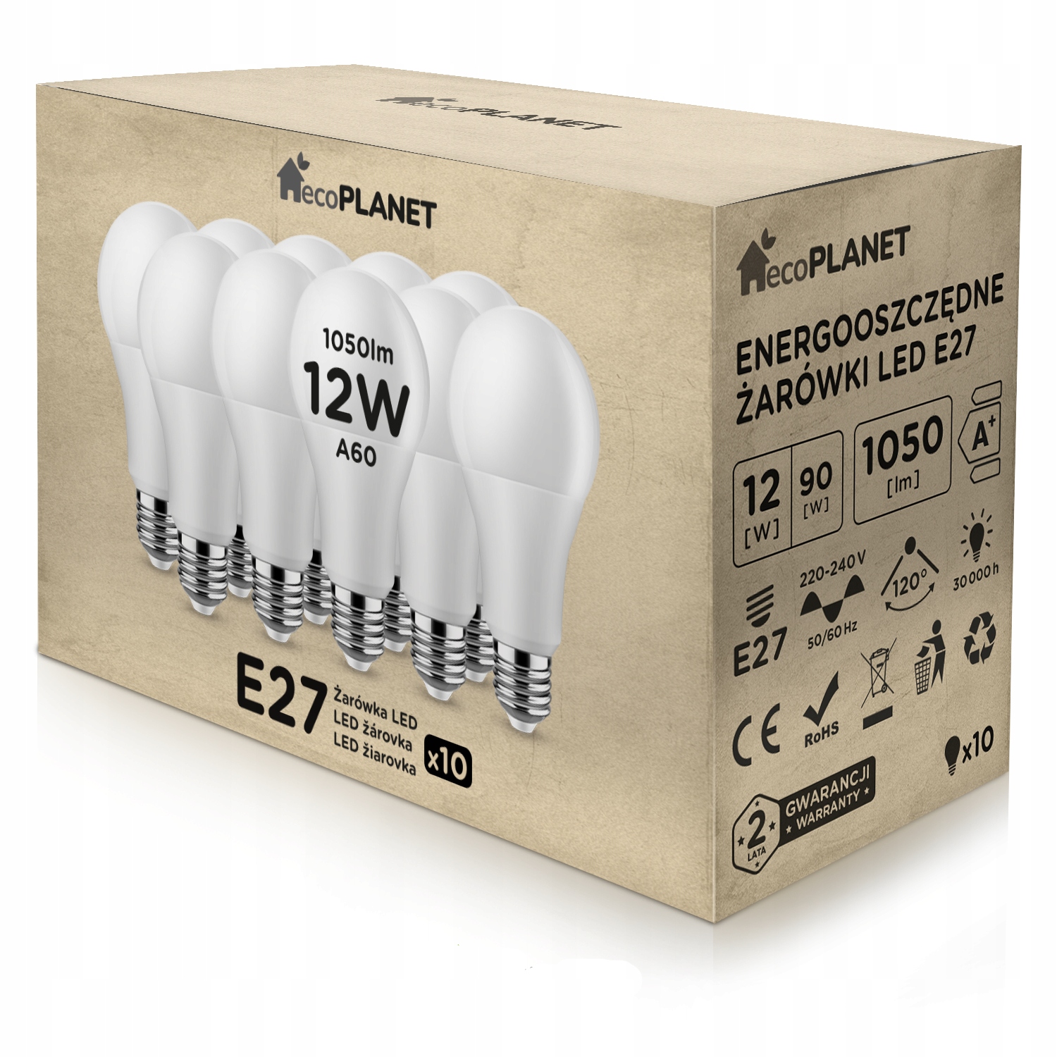 

10x Żarówka Led E27 A60 12W 1050lm Barwy ecoPLANET