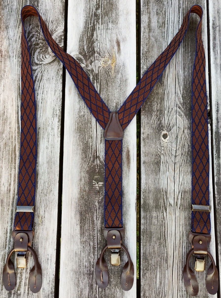 Szelki na guziki 2w1 GUMA BRĄZOWA ROMBY do spodni Wzór dominujący geometryczny