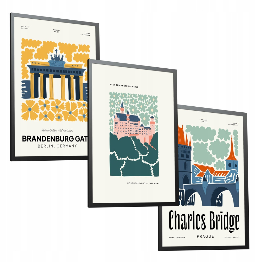 Město Německo Česká republika Berlín Praha sada 3 plakátů 50x70