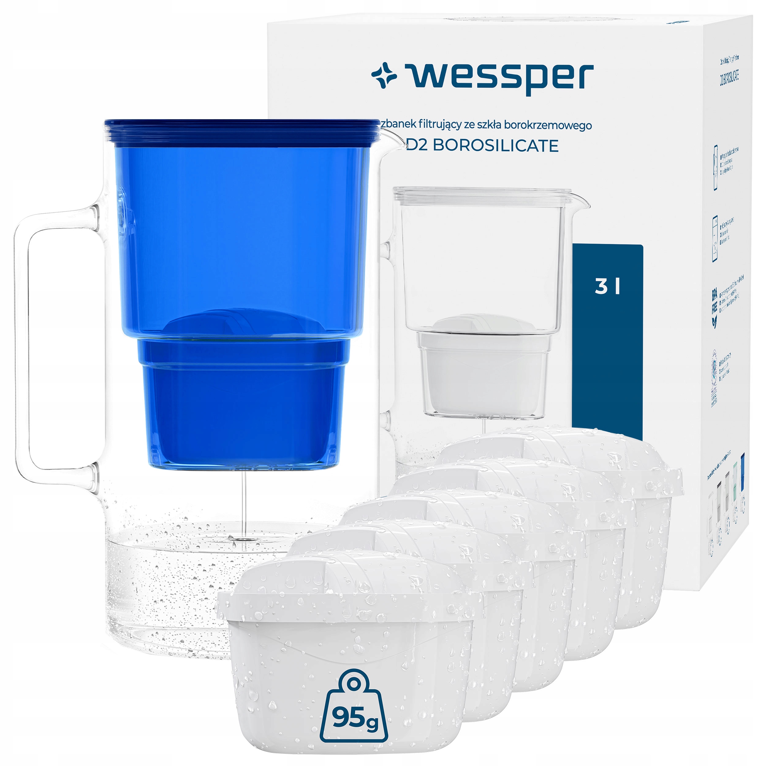 Skleněná filtrační konvice Wessper D2 Borosilicate 3 l modrá 6x filtr