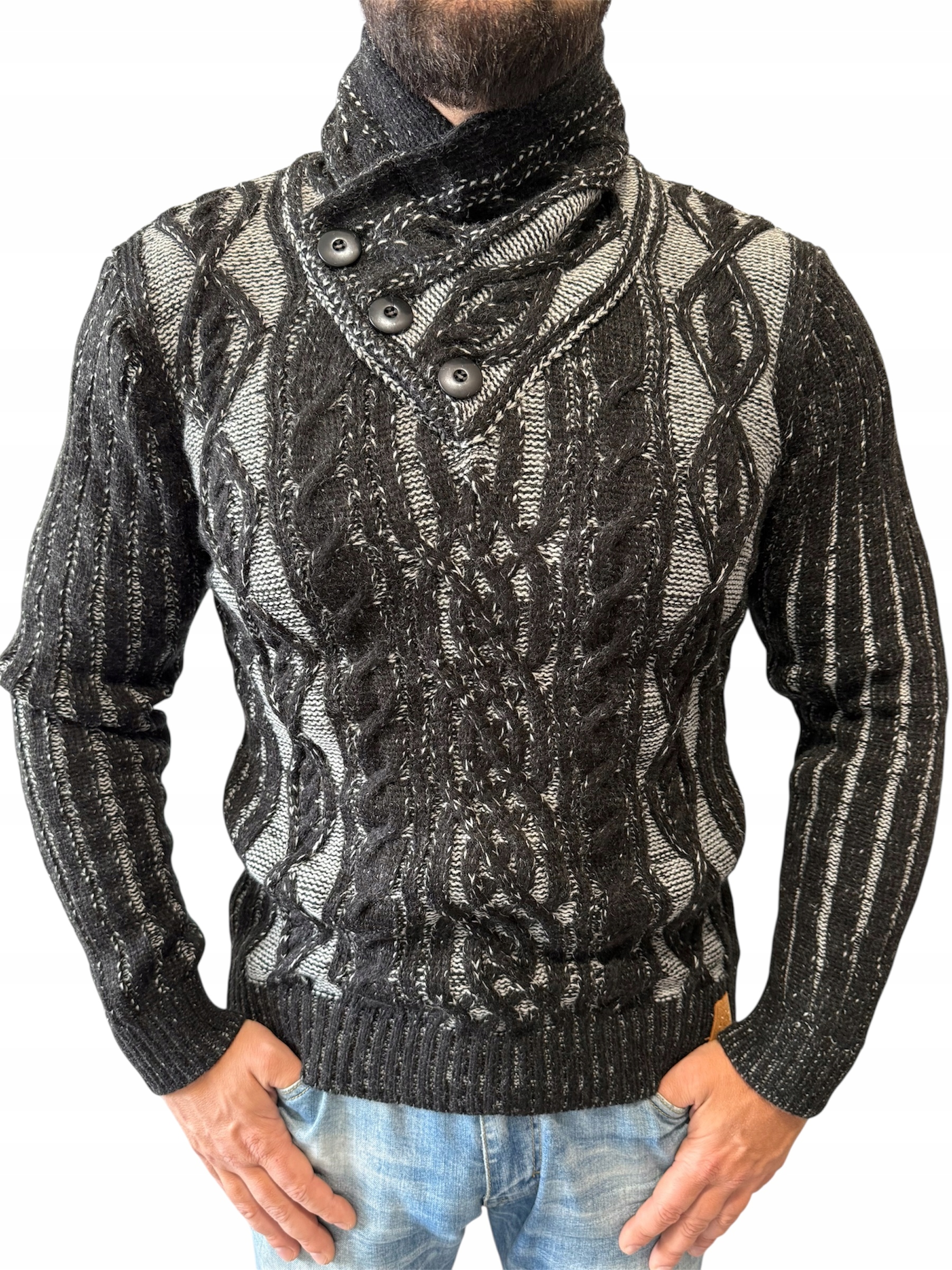 Pánský vlněný svetr Teplý Vysoký Stojáček Nákrčník Pologolf Rolák Copánek L