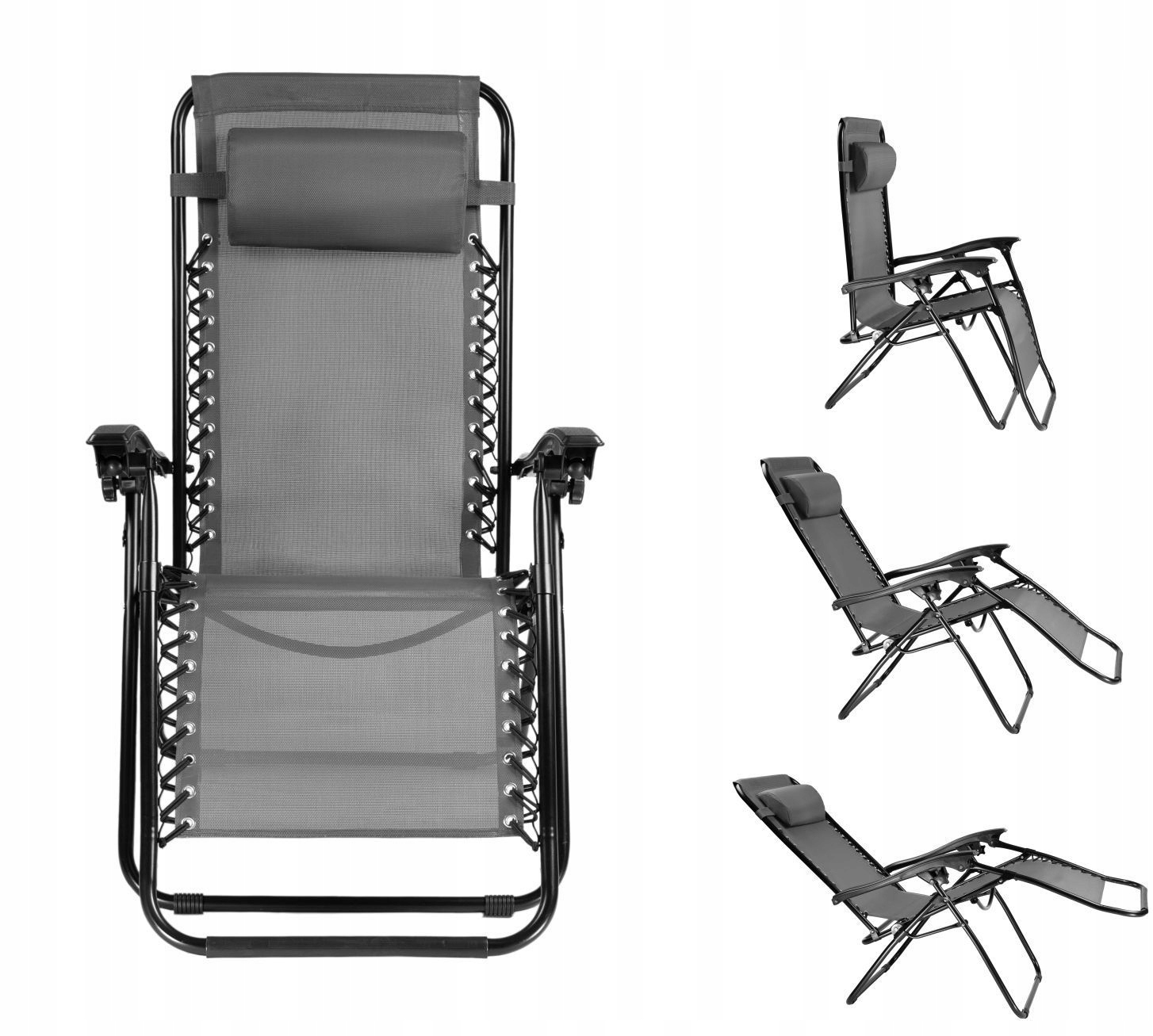 Záhradné ležadlo, plážové, skladacie kreslo s opierkou hlavy, sivé