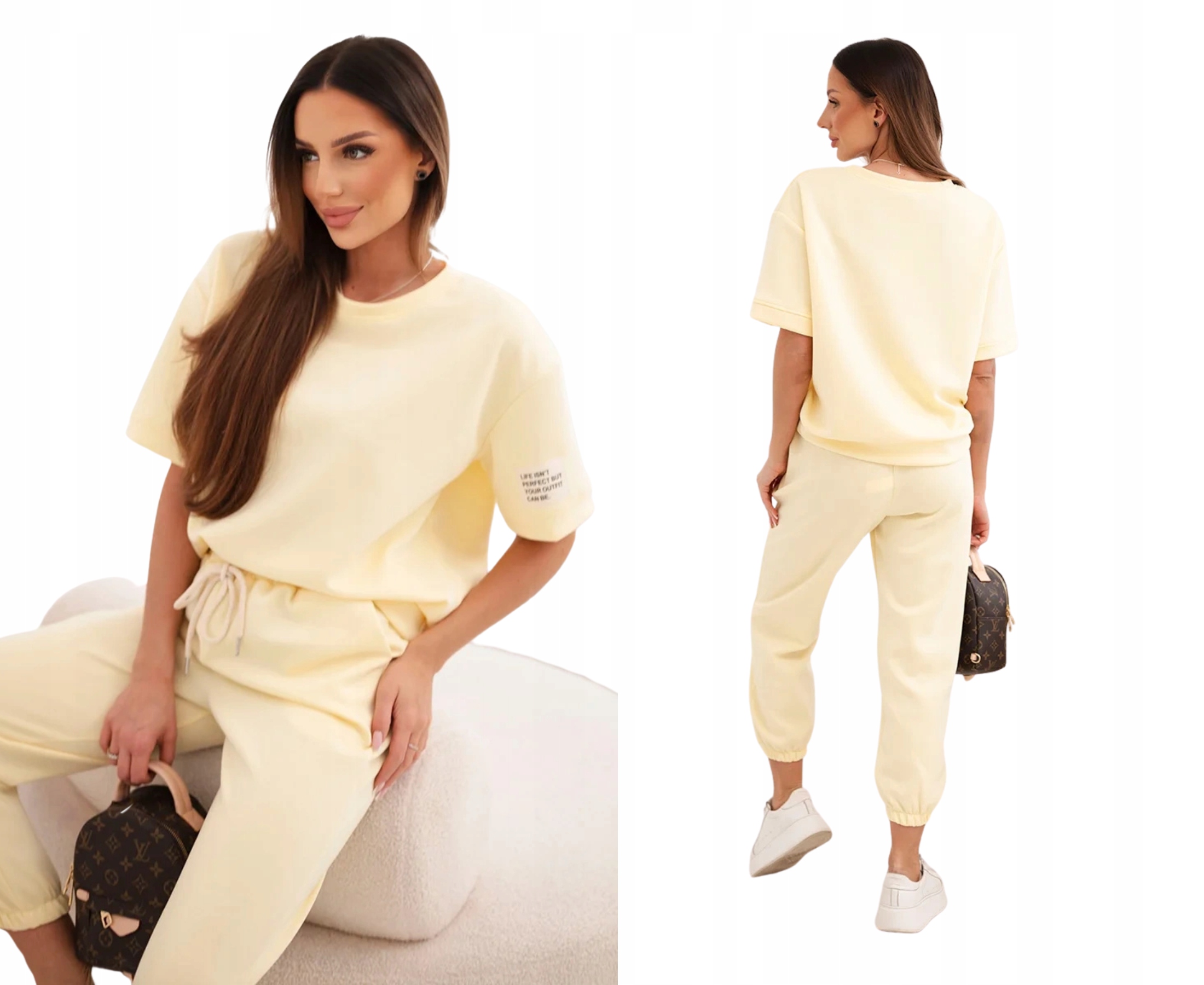 Żółty komplet damski Masełkowy z wiskozy z luźną bluzką i spodniami