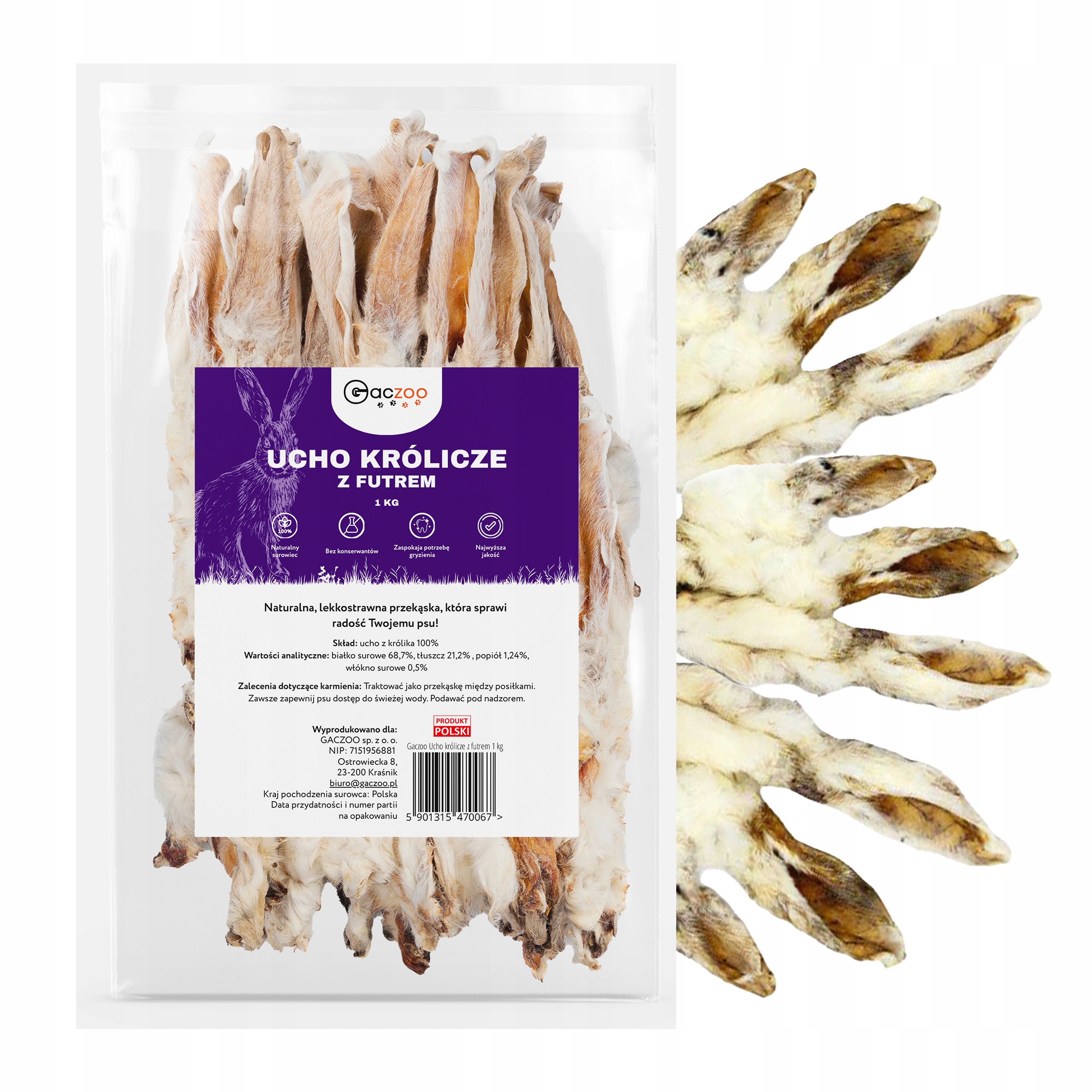 Levně Psí pamlsek Králičí ucho s kožešinou 1 kg Gaczoo 100% přírodní kousátko