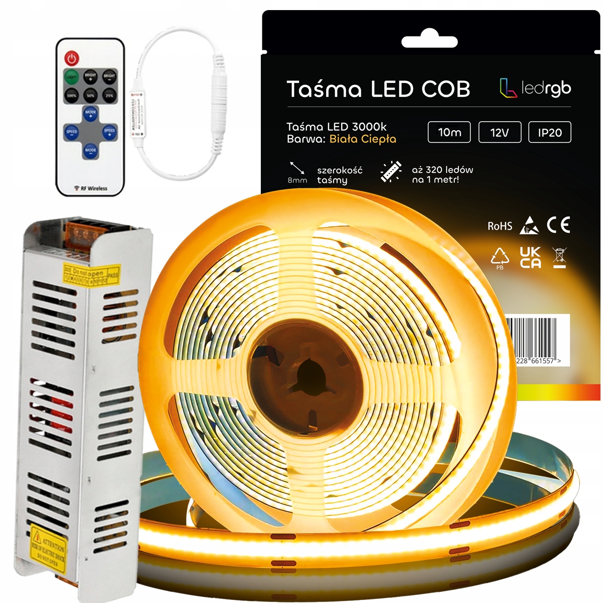 Sada Led pásků Neon Cob 12V 10 m 3000K Bílá Teplá Napájecí Zdroj Dálkový Ovladač 8 mm