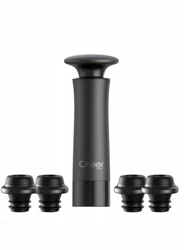 Sada na víno, vakuová pumpa 4 zátky Cheer Moda Treeplet černá