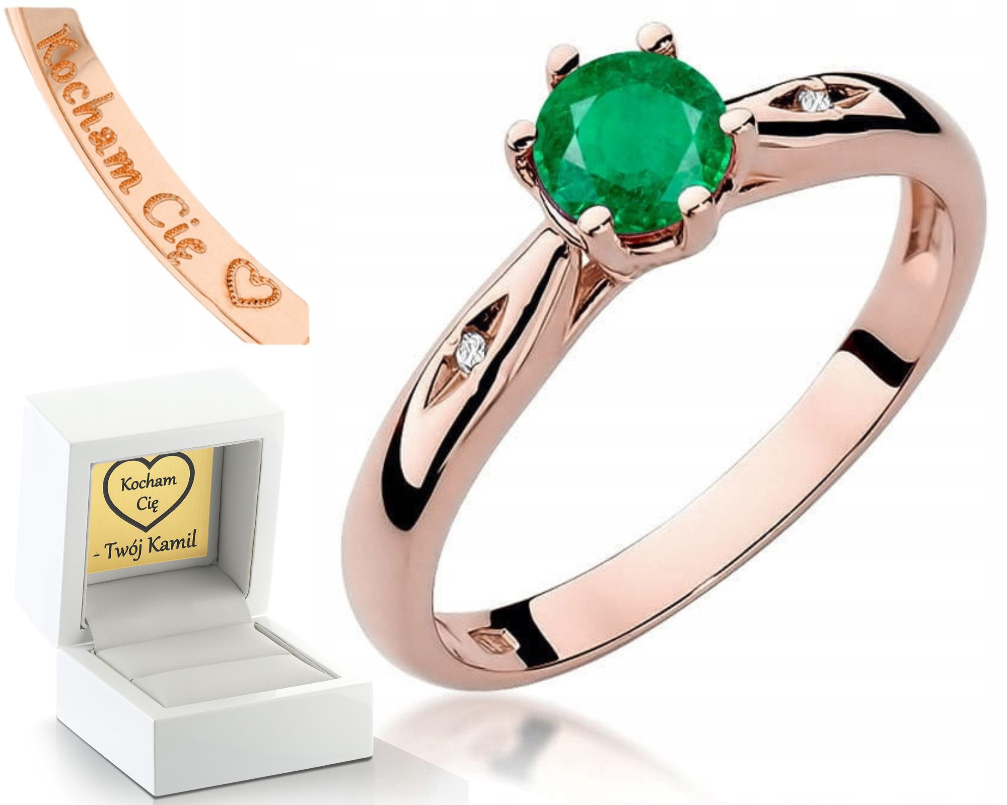 Prstýnek Prsten Z Růžového Zlata S Gravírovaným Gravírování A Smaragdem 585
