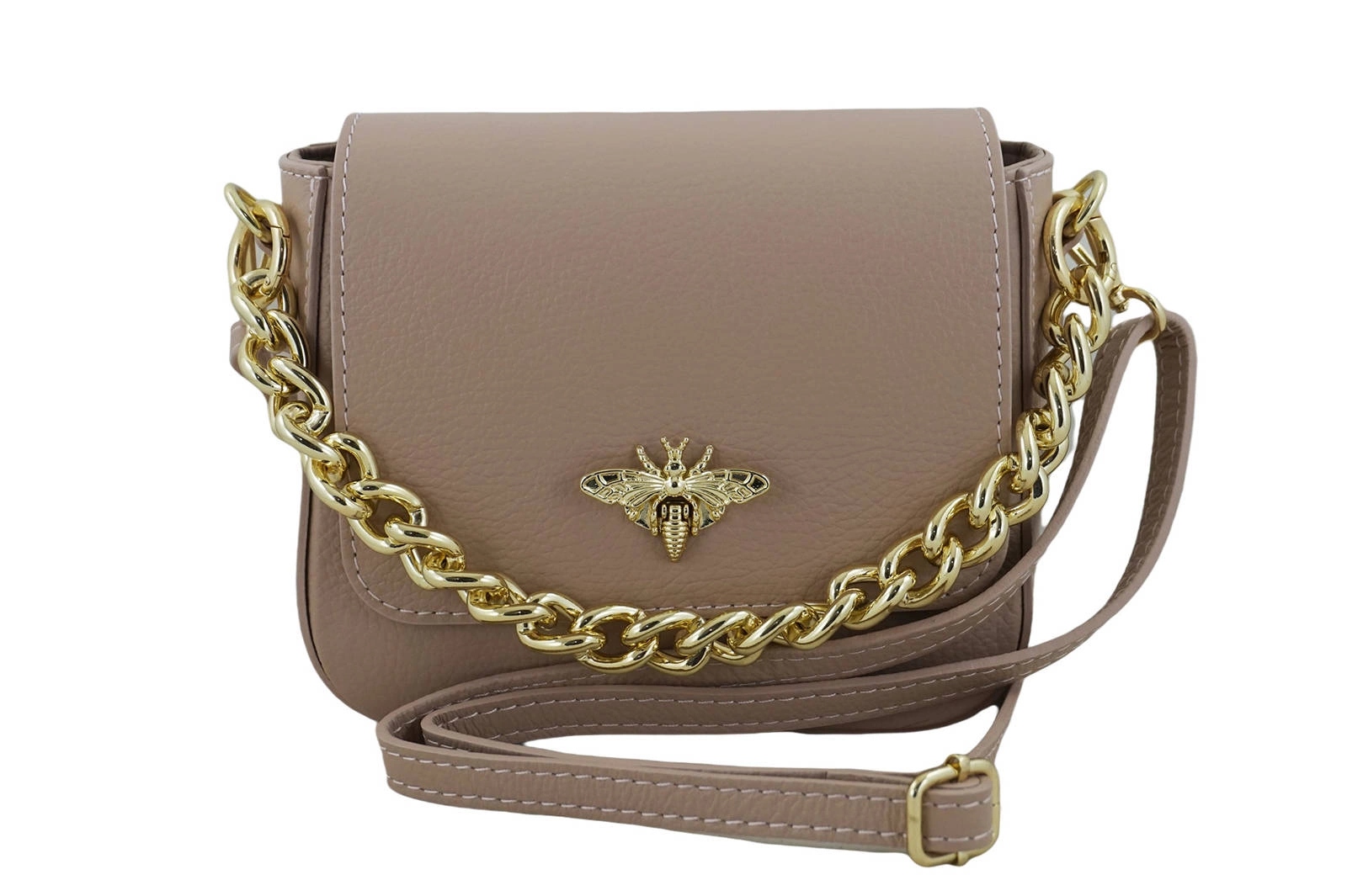 Módní dámská kožená kabelka přes rameno se zlatým řetízkem pudrově růžová