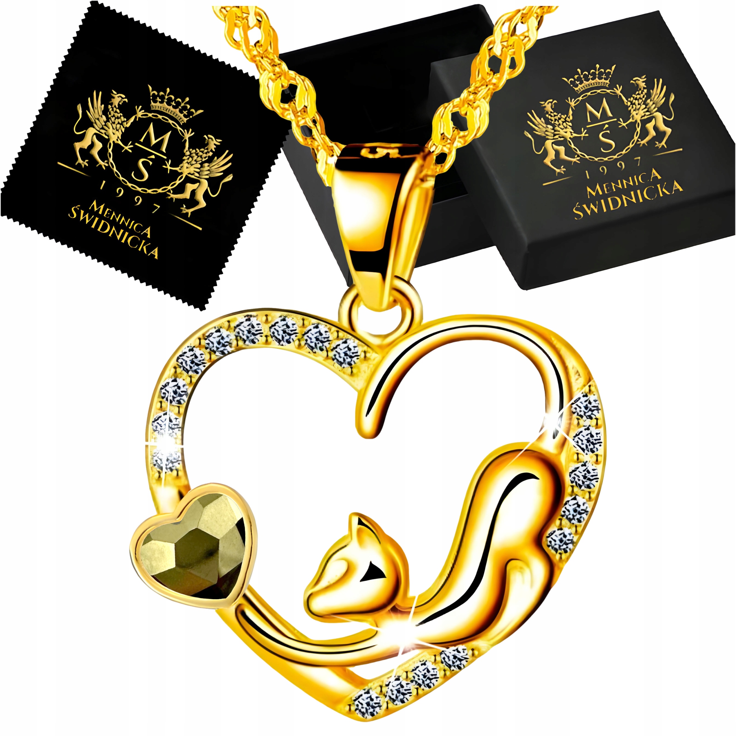 Náhrdelník Zlatá kočka v srdci Stříbro 925 Ideální Dárek pro maminku, manželku, dceru