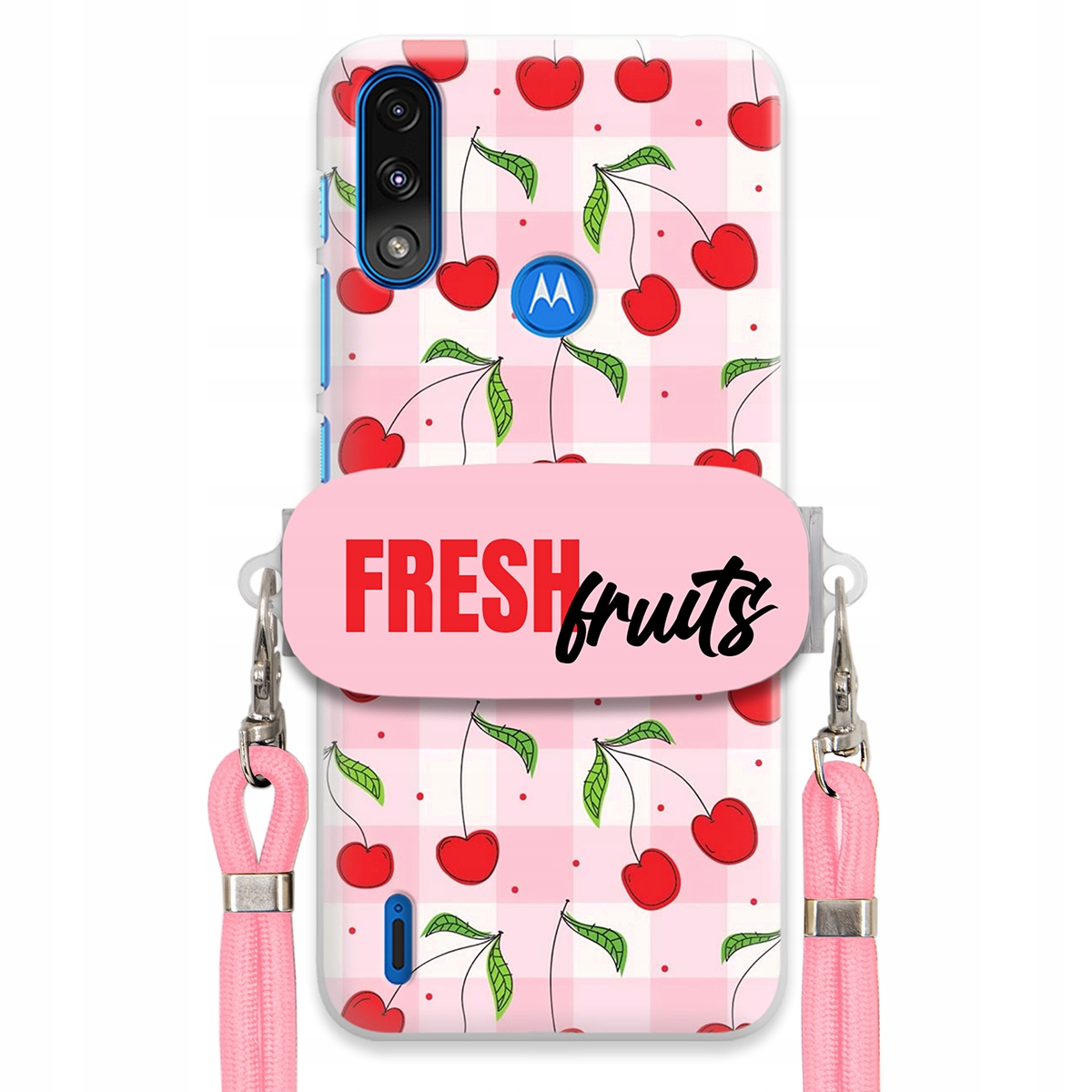 Pouzdro pro Motorola E7 POWER/E7i Case Držák na šňůrku Růžová Fresh Fruits Mřížka