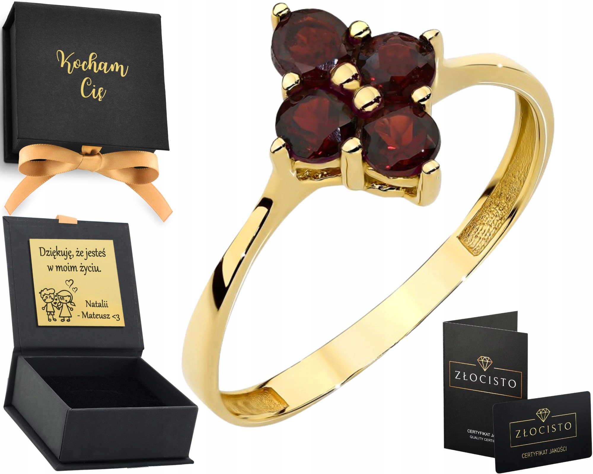 Zlatý prsten Přírodní květina Bordový kamínek Granát Zlato 585 Dárek