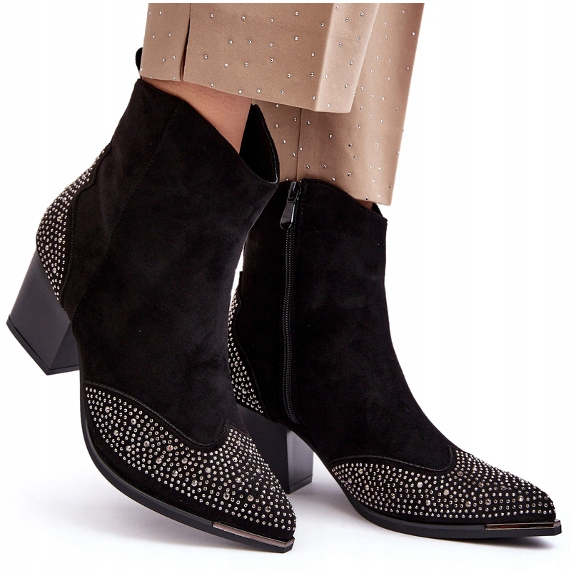 Kotníkové Boty Kovbojské Boty Zdobené Kamínky Na Podpatku, Černé, Velikost 36