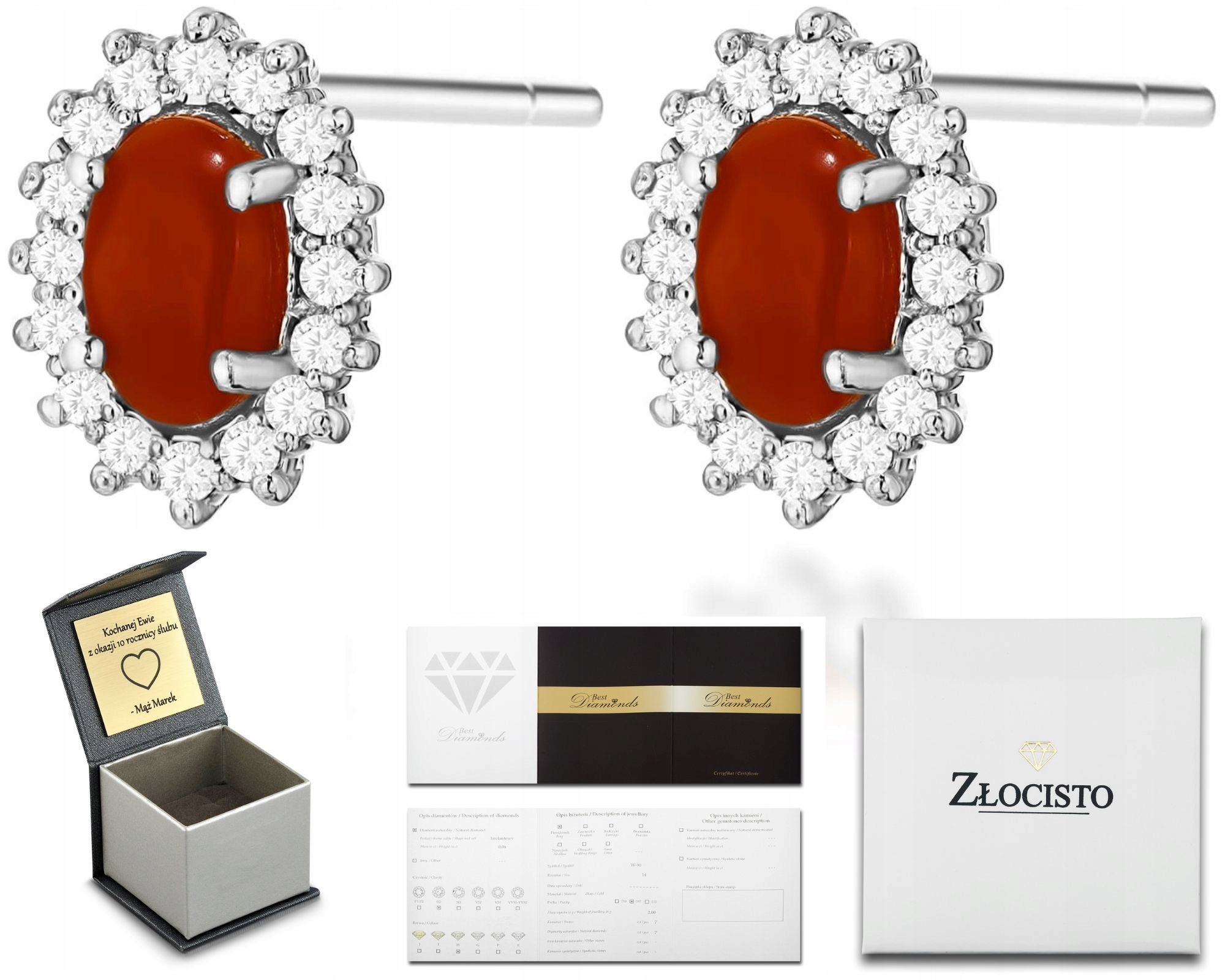 Bílé Zlato Náušnice S Korálem A Brilianty Na Tyči Šrouby 585 Dárek