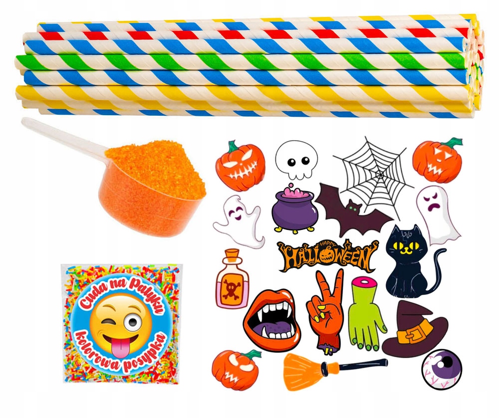 Zestaw HALLOWEEN Cukier do WATY CUKROWEJ KOLOROWY SMAKOWY PATYCZKI 12x 100g Marka Cuda na Patyku