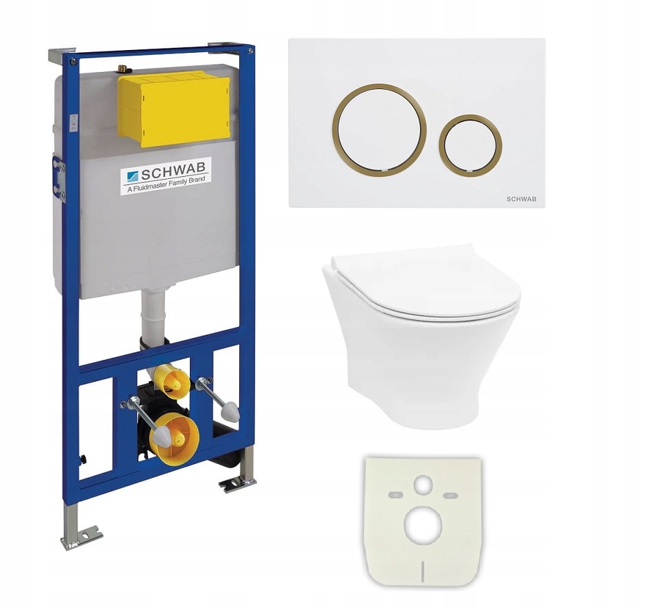 STELAŻ WC SCHWAB + MISA WC ROCA NEXO z DESKĄ + PRZYCISK BIAŁO ZŁOTY
