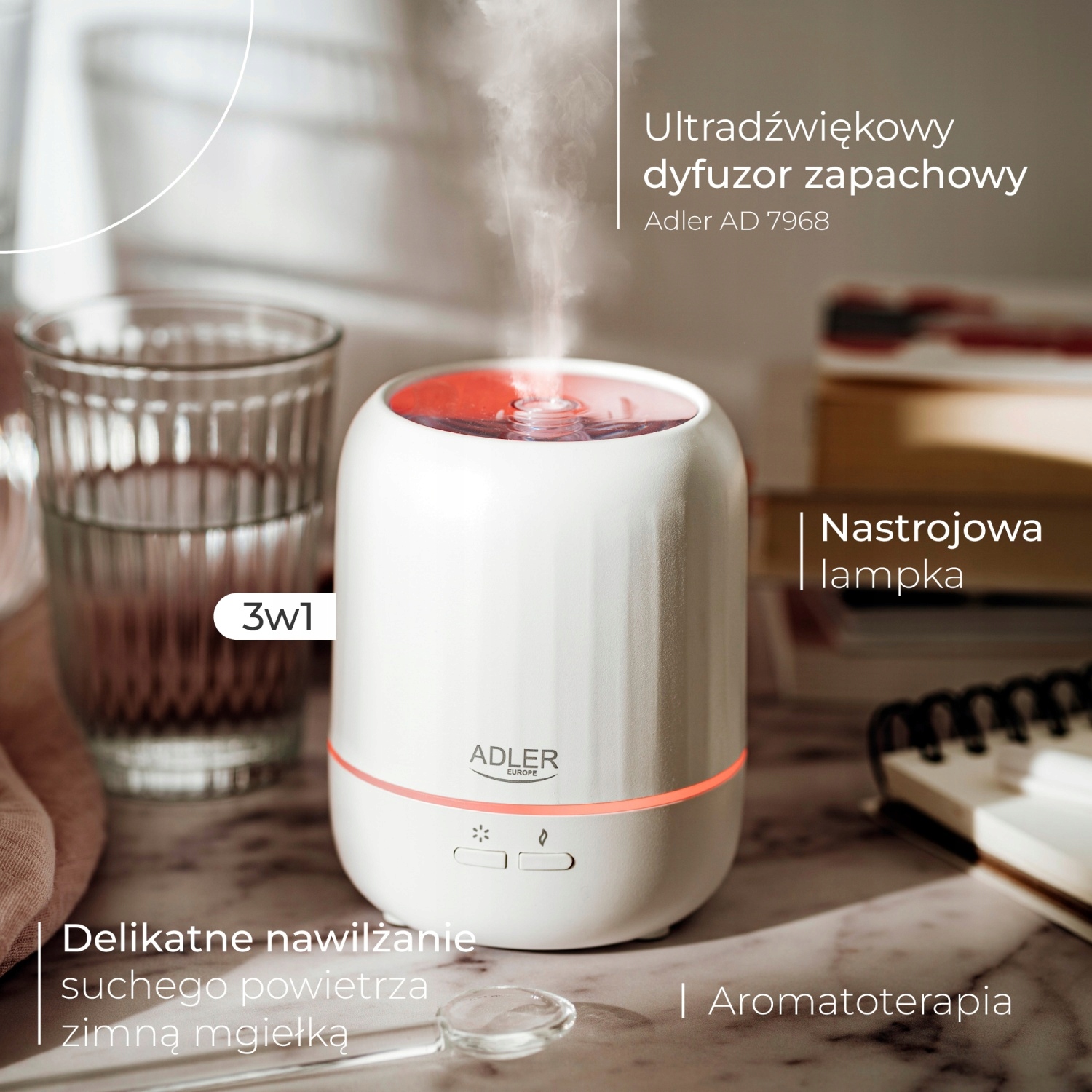 Ultradźwiękowy Dyfuzor Zapachowy USB 3w1 Adler AD 7968