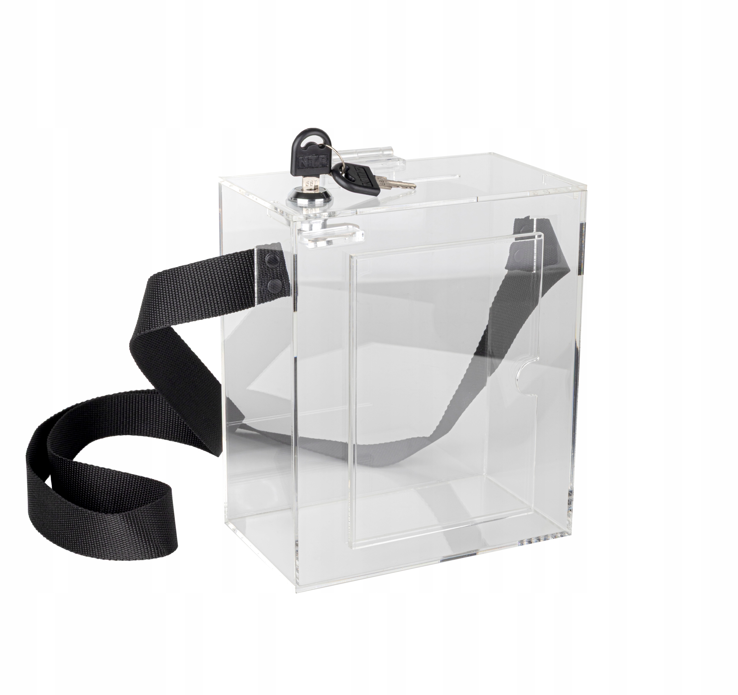 Skarbona kwestarska z plexi 17x10x20cm z kieszonką na ulotki i z zamkiem